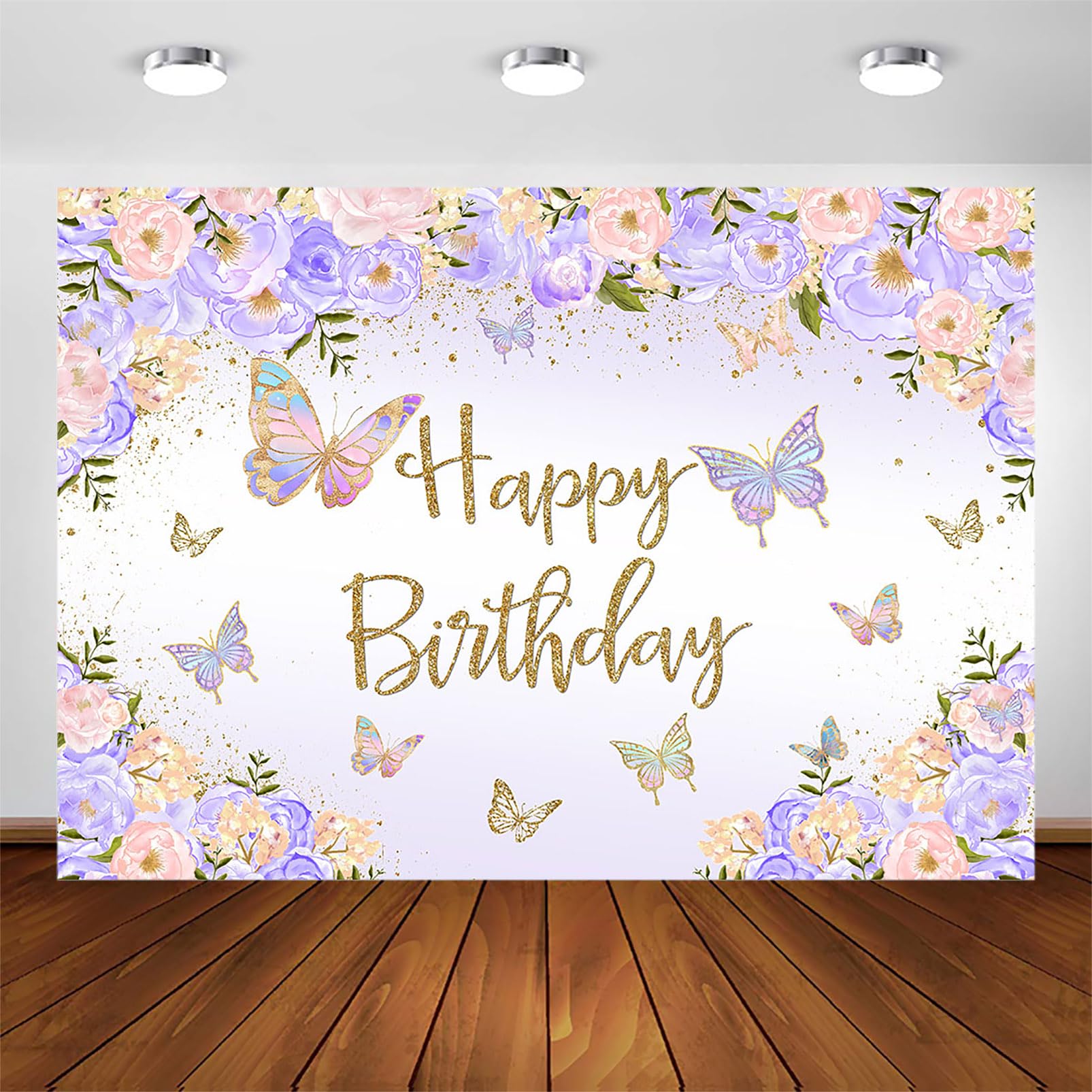 Avezano Purple Butterfly Birthday Backdrop For Girl'S Purple Peach Floral Pastel Butterflies Birthday Background Pink Lilac Purp