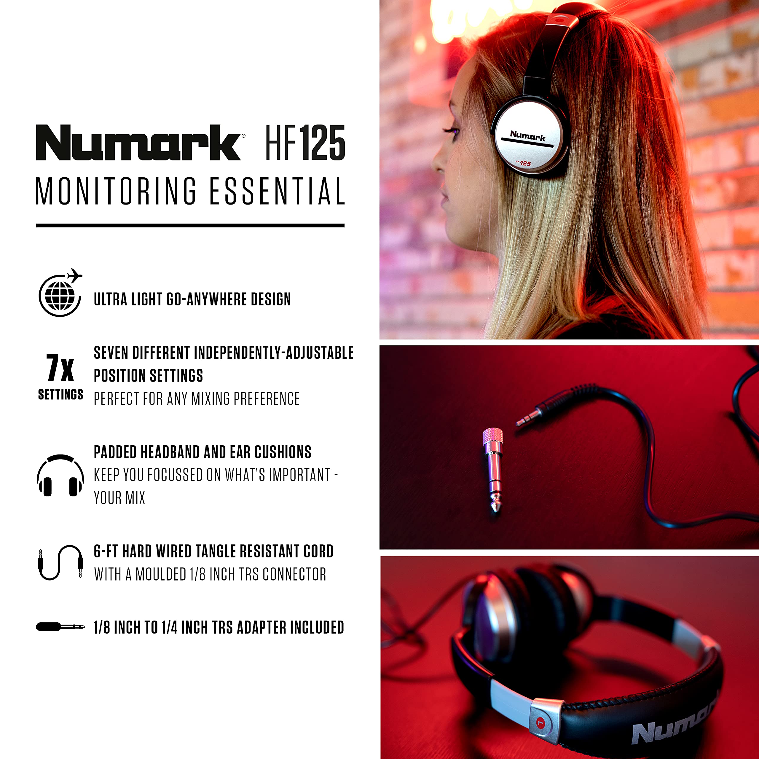 Numark Hf125 | Ultra Portable Professional Dj Headphones With 6Ft Cable, 40Mm Drivers For Extended Response & Closed Back Design