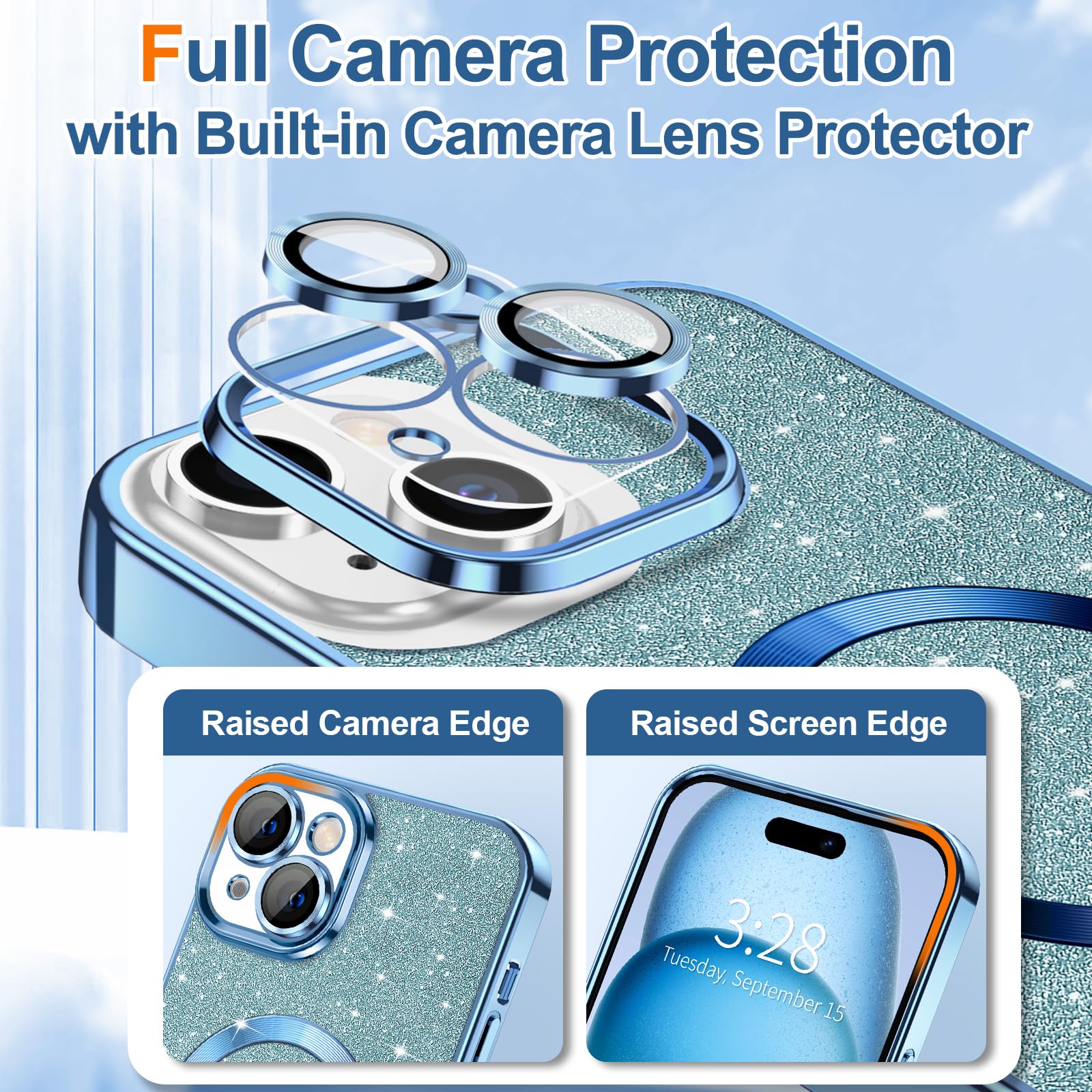 Hython For Iphone 15 Plus Case Glitter, Clear Magnetic Phone Case With Camera Lens Protector [Compatible With Magsafe] Bling Spa