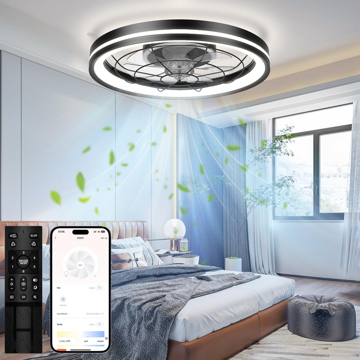 Hisummer Low Profile Ceiling Fan With Light And Remote Bladeless Bedroom Ceiling Fan With Light, 20In Small Flush Mount Ceiling