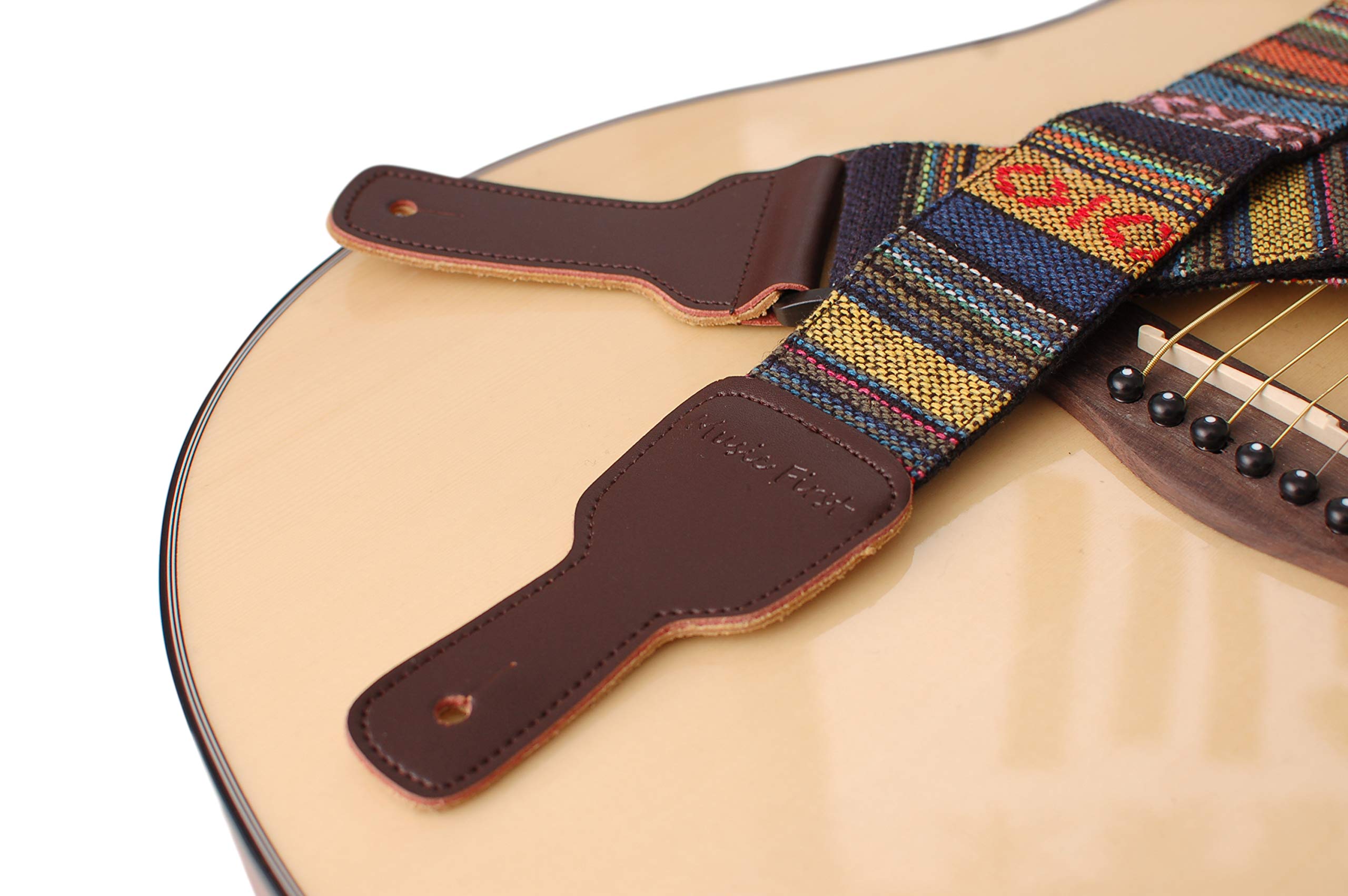 Music First Original Design, 2 Inch Width (5Cm), Classic Country Style Yarn Dyed Fabric & Genuine Leather Delux Banjo Strap, Wit