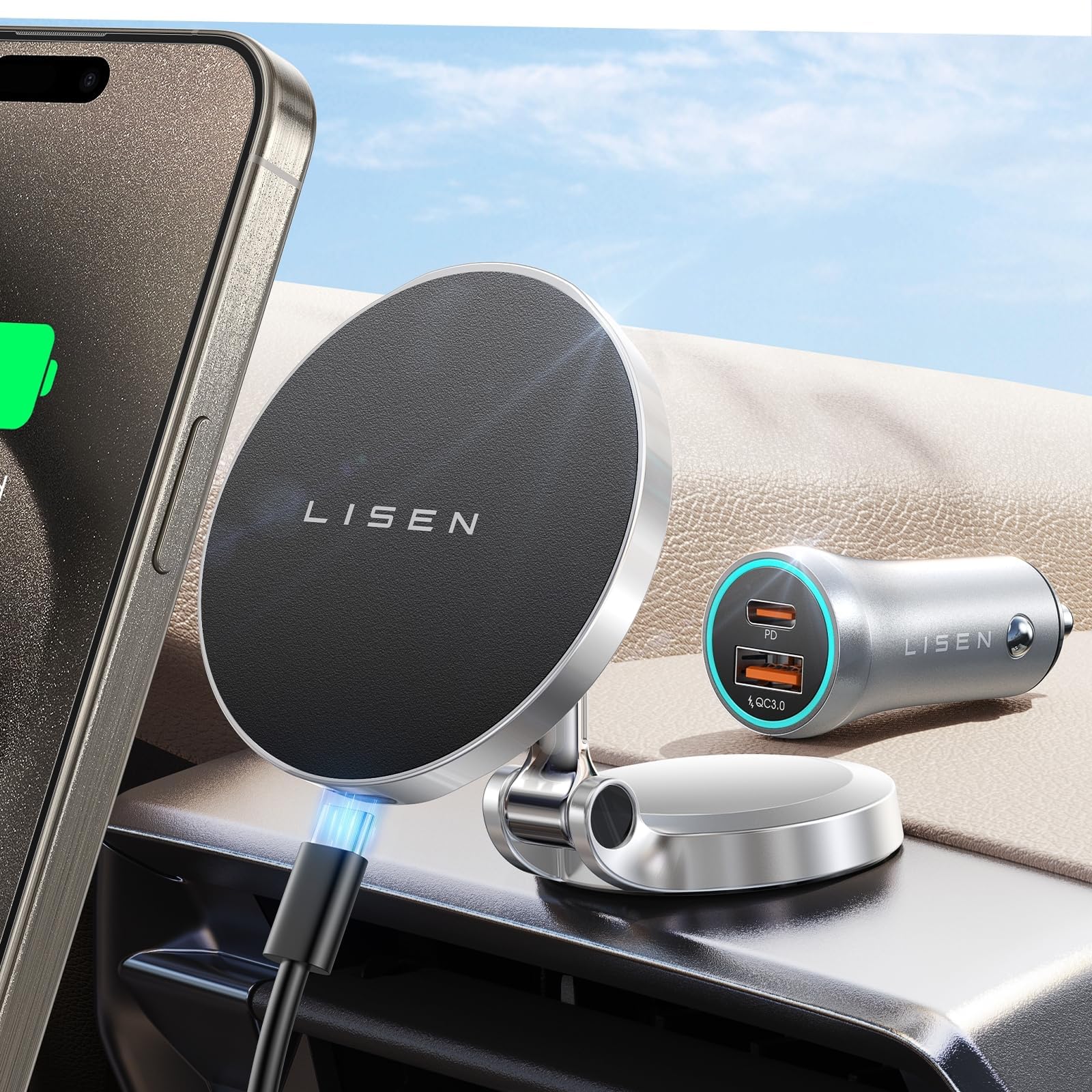 Lisen For Magsafe Car Mount Charger, [Upgrade Set] 360 Rotation Wireless Magsafe Car Charger, Foldable Car Phone Holder Dashboar