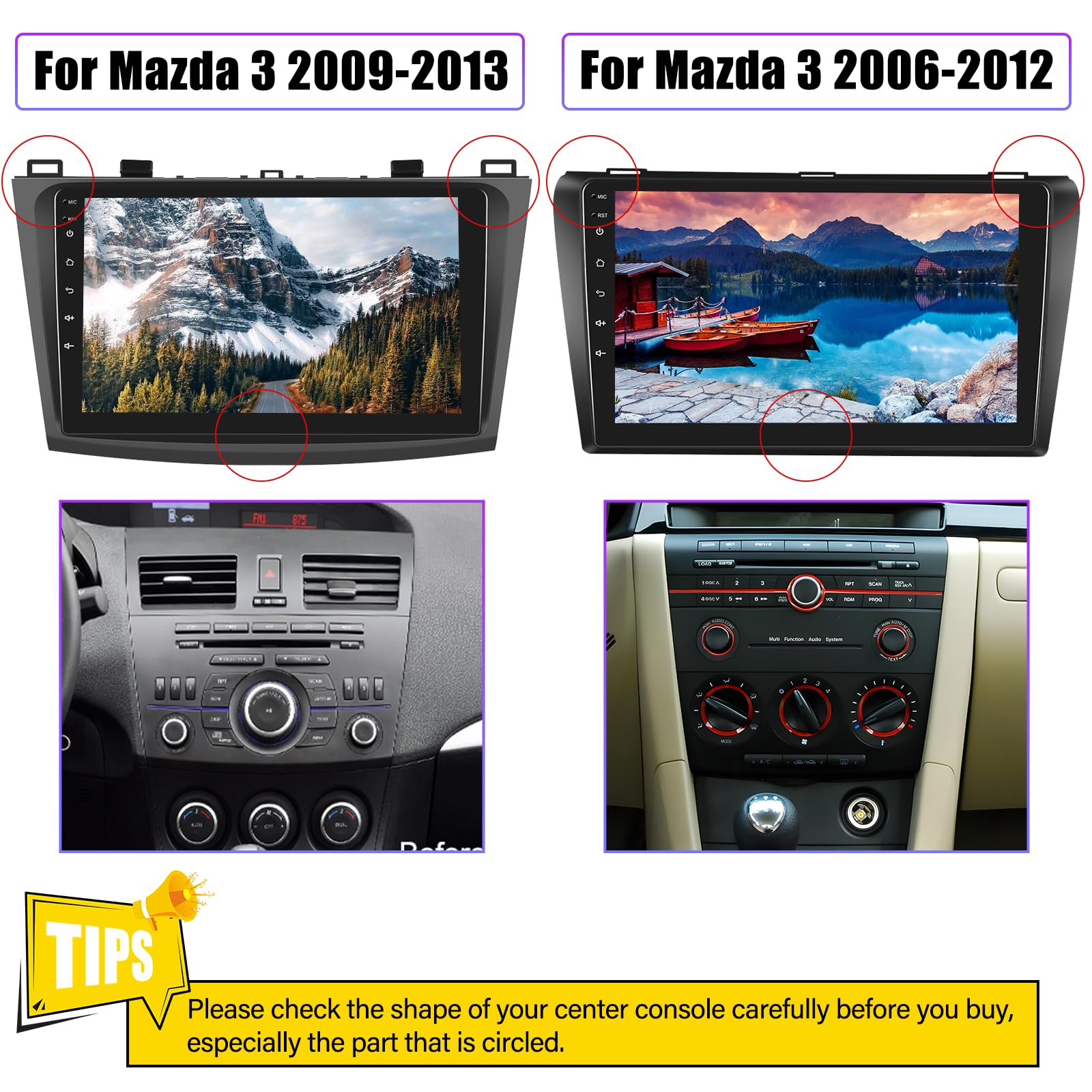 [2+64G] Android 13 Car Stereo For Mazda 3 2009 2013 With Wireless Carplay&Android Auto,9 Inch Car Radio Touch Screen Car Audio With Gps Wifi Bluetooth Fm/Rds Radio Backup Camera Swc Dual Usb/Aux In