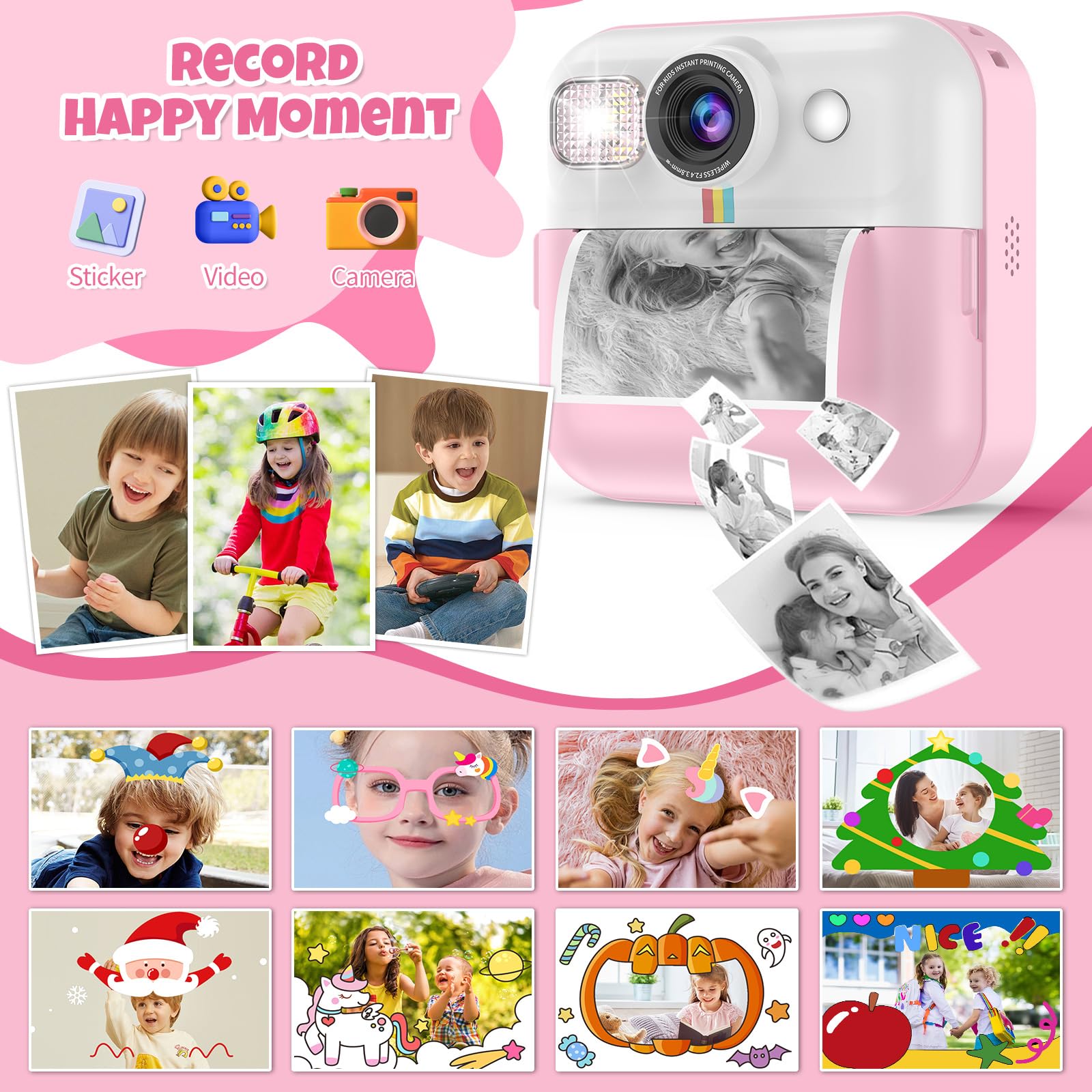 Bofidar Kids Camera,Toddler Camera Instant Print Toys,1080P Children Printable Camera,Pink Selfie Camera Christmas Birthday Gift
