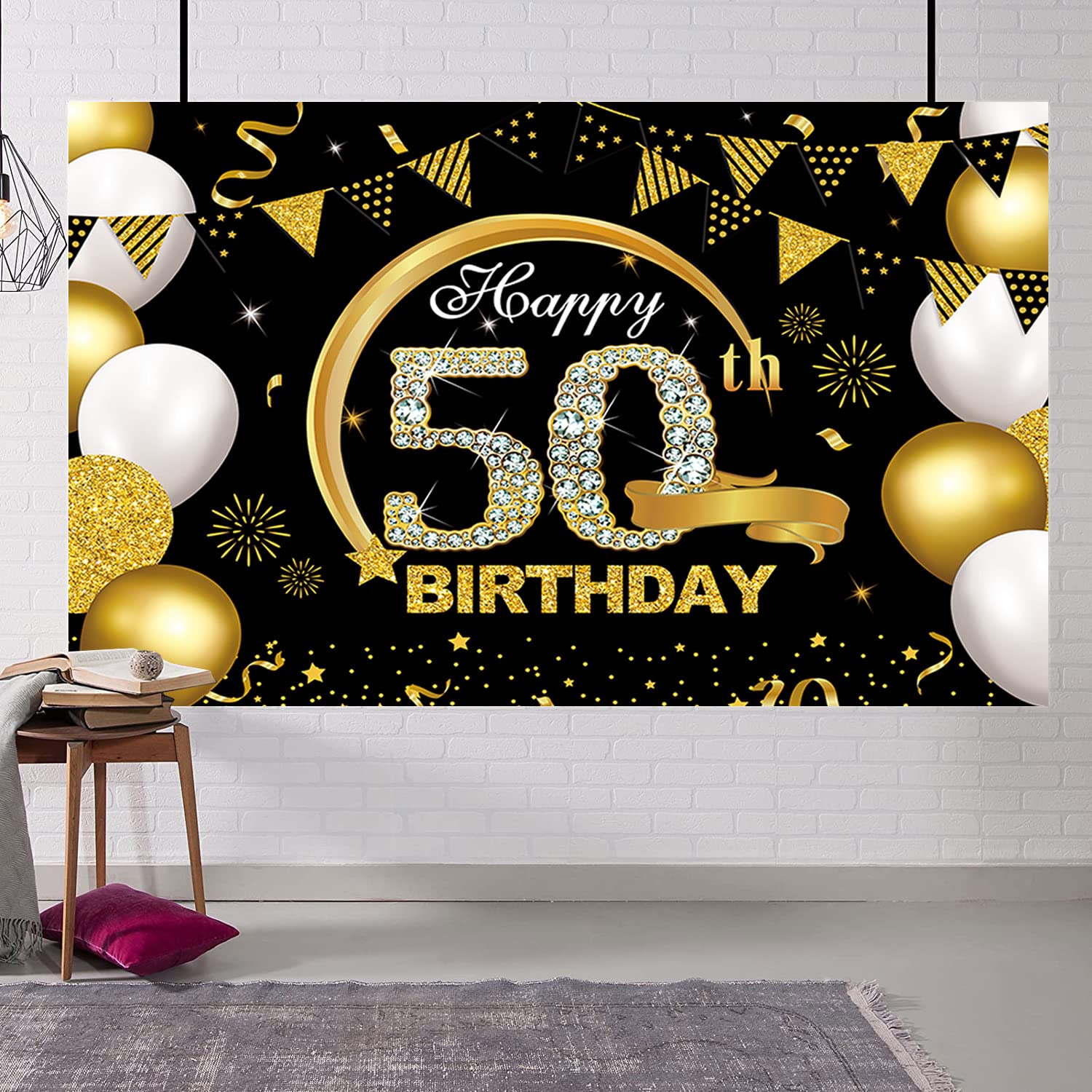 7X5Ft Happy 50Th Birthday Banner Backdrop Black And Gold 50Th Birthday Decorations For Men Women 50 Birthday Sign Party Supplies
