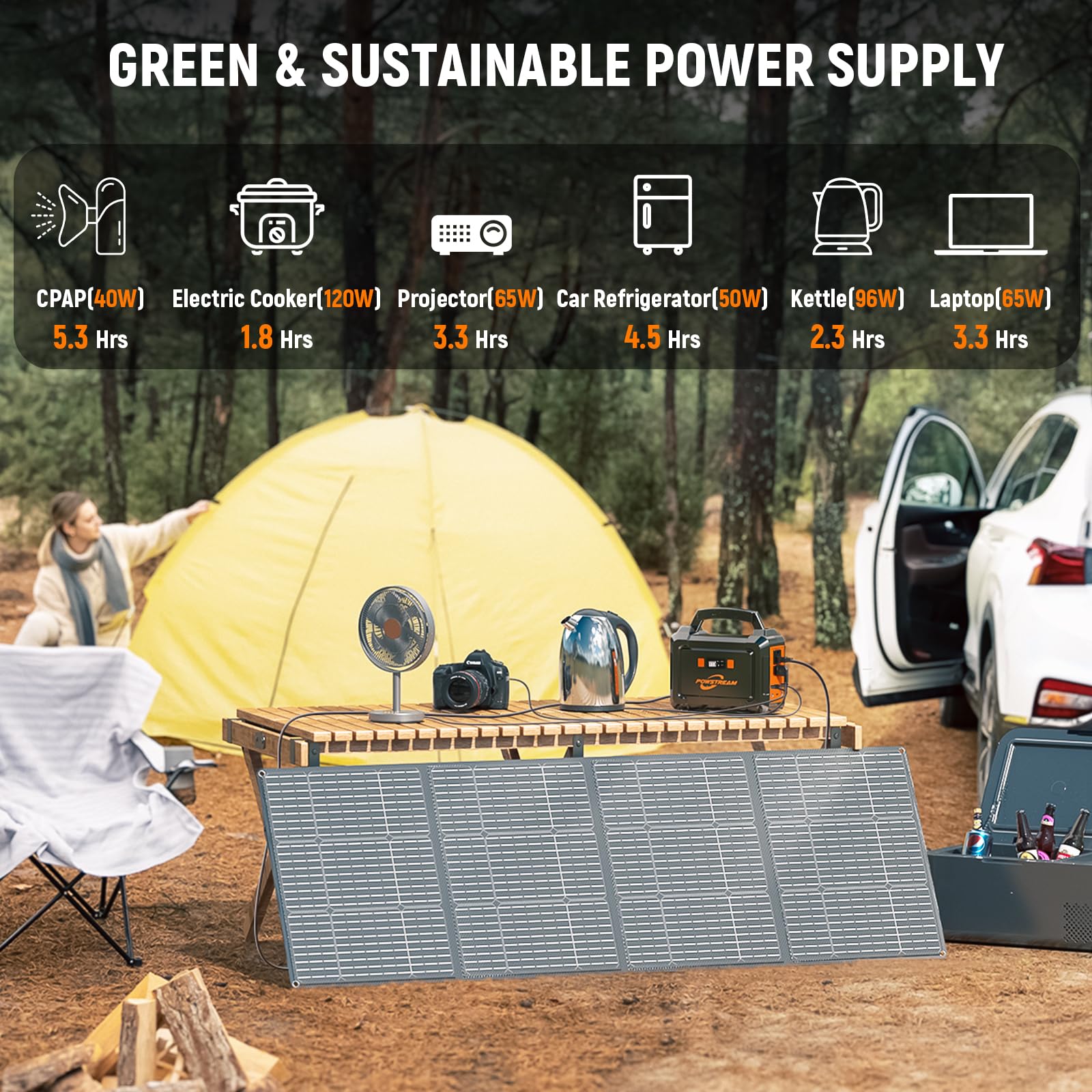 Powstream 300W Solar Generator 296Wh Camping Portable Power Station With 60W Foldable Solar Panel   Lithium Battery Power Bank W