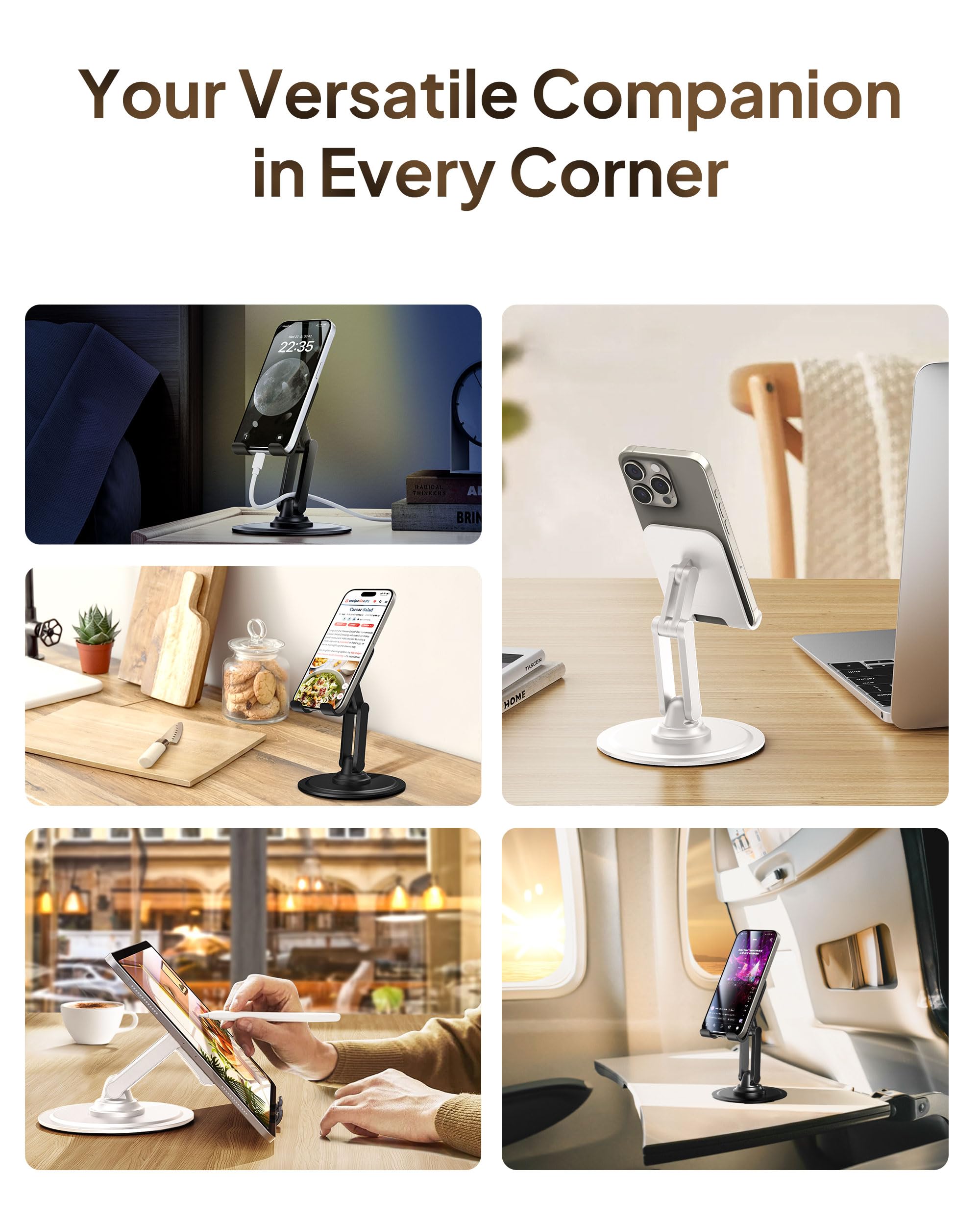 Cooper 360 Stand, Rotating Cell Phone Stand For Desk | Sturdy Metal Base, Foldable, Portable | Cell Phone Holder For Desk (Piano