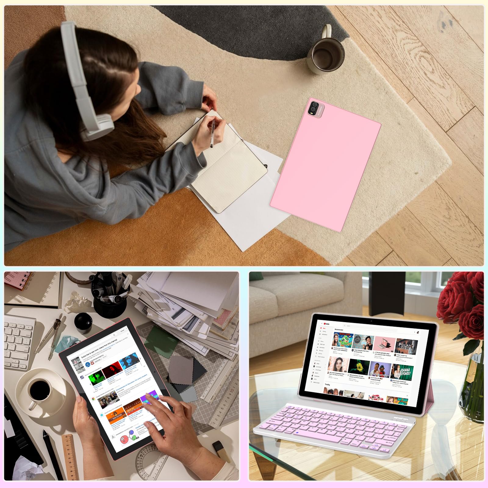 Tablet With Keyboard 2 In 1 Tablet Android Tablet 10 Inch Tablets, Include Mouse Case Stylus Tempered Film 5G Wifi Wifi6 128Gb R