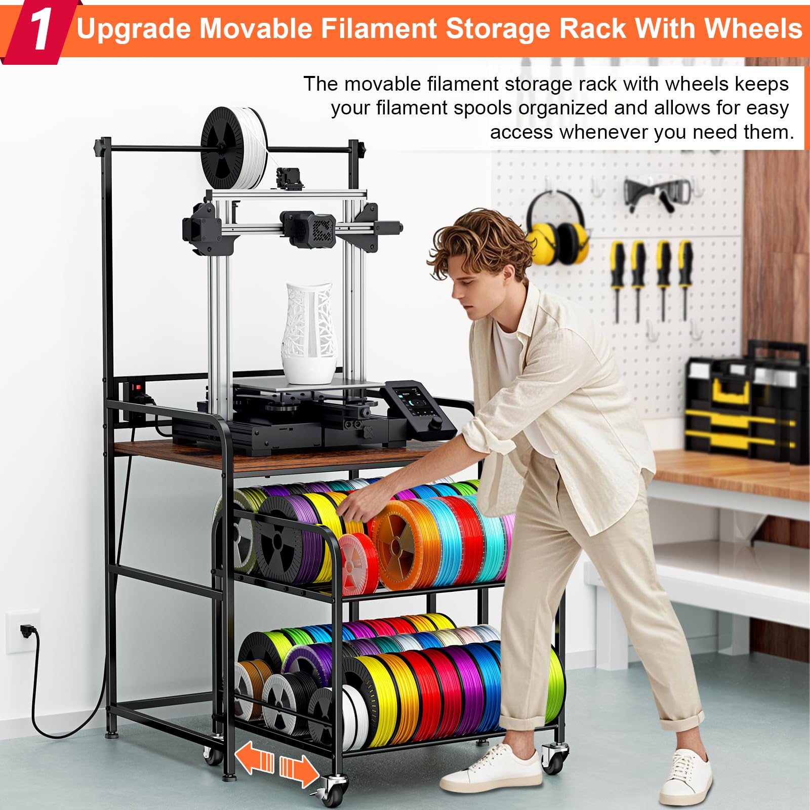 3D Printer Stand With Filament Storage, Heavy Duty 3D Printer Table, Spool Holder Cart With Locking Wheels, Adjustable Height Fi