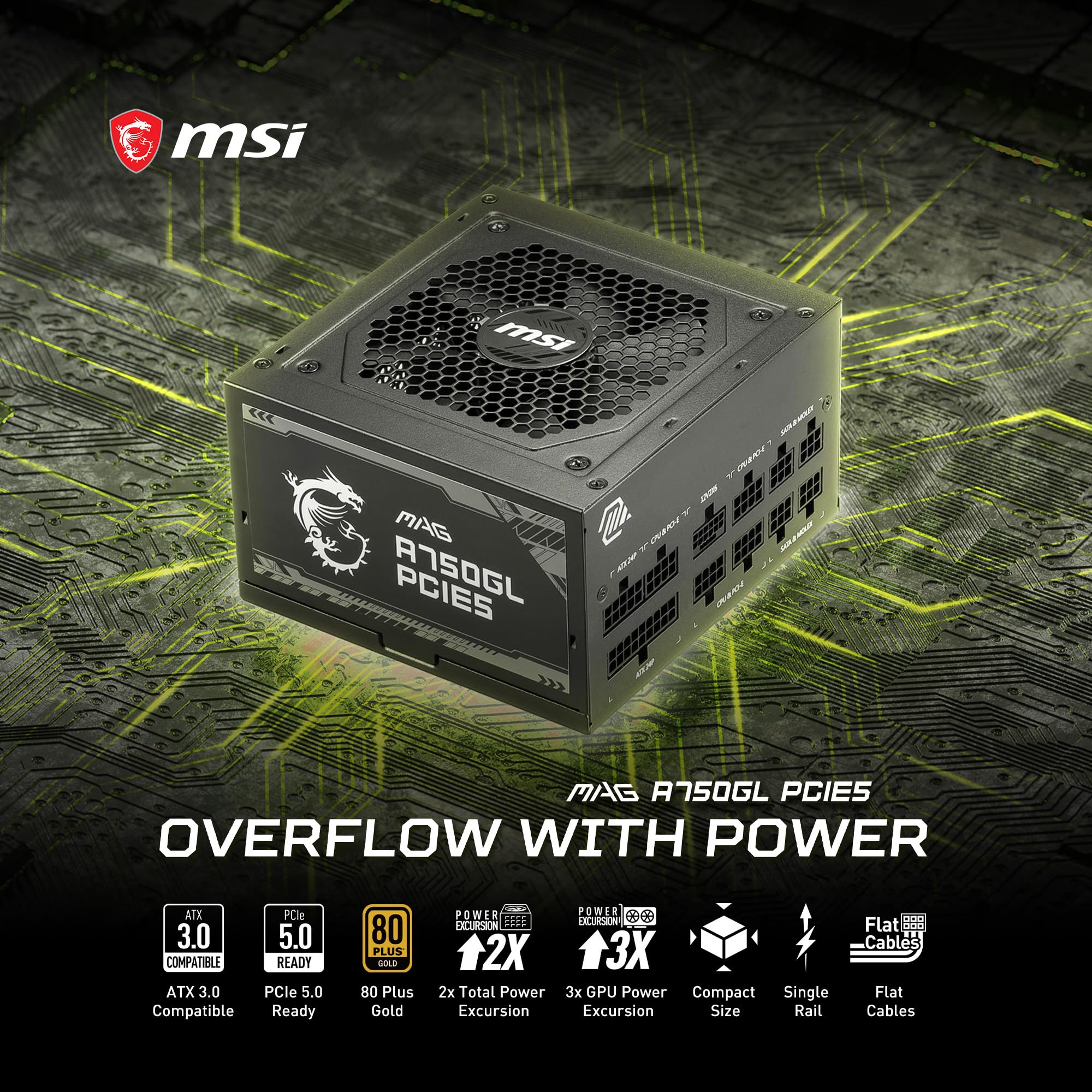 Msi Mag A750Gl Pcie5, Fully Modular Compact Gaming 750W Power Supply, 80+ Gold, Atx 3.1 & Pcie 5.1 Ready, Native Dual-Color 12V-