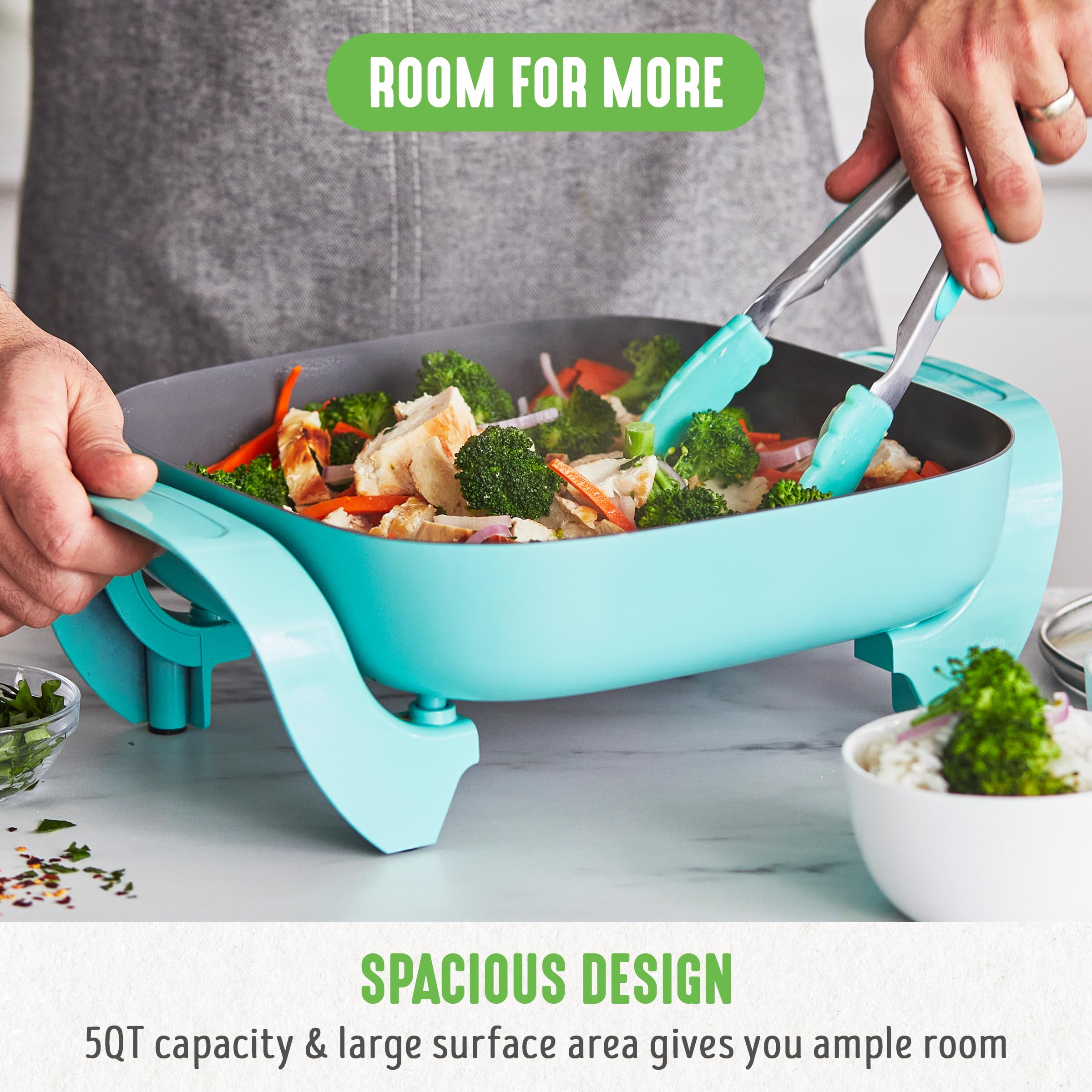 Greenlife Healthy Ceramic Nonstick, 12 5Qt Square Electric Skillet With Glass Lid, Dishwasher Safe, Adjustable Temperature Contr