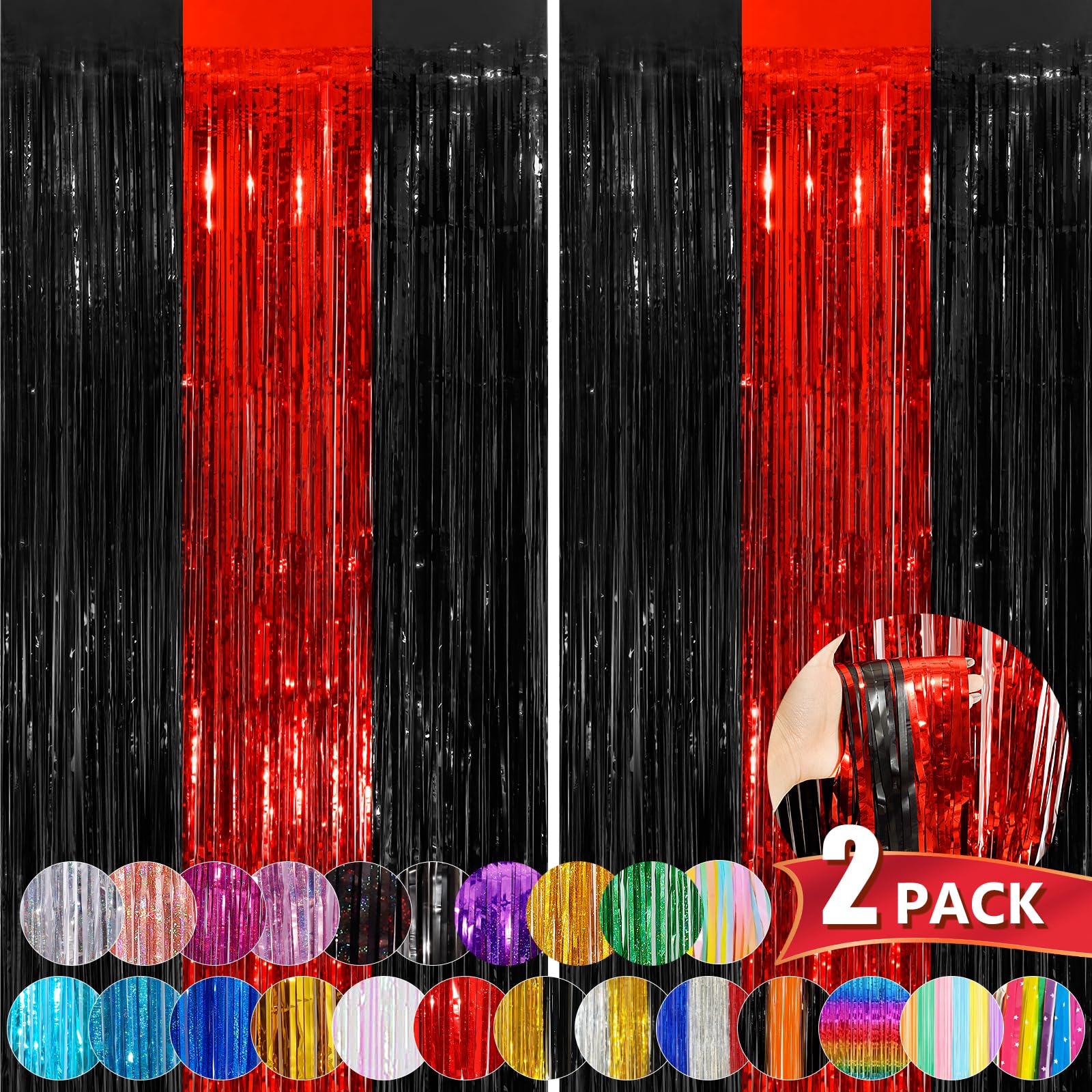 Black Red Tinsel Foil Fringe Curtains, 2 Pack 3.3X8.3 Feet Party Streamer Curtains For Birthday Party Decorations, Halloween Dec