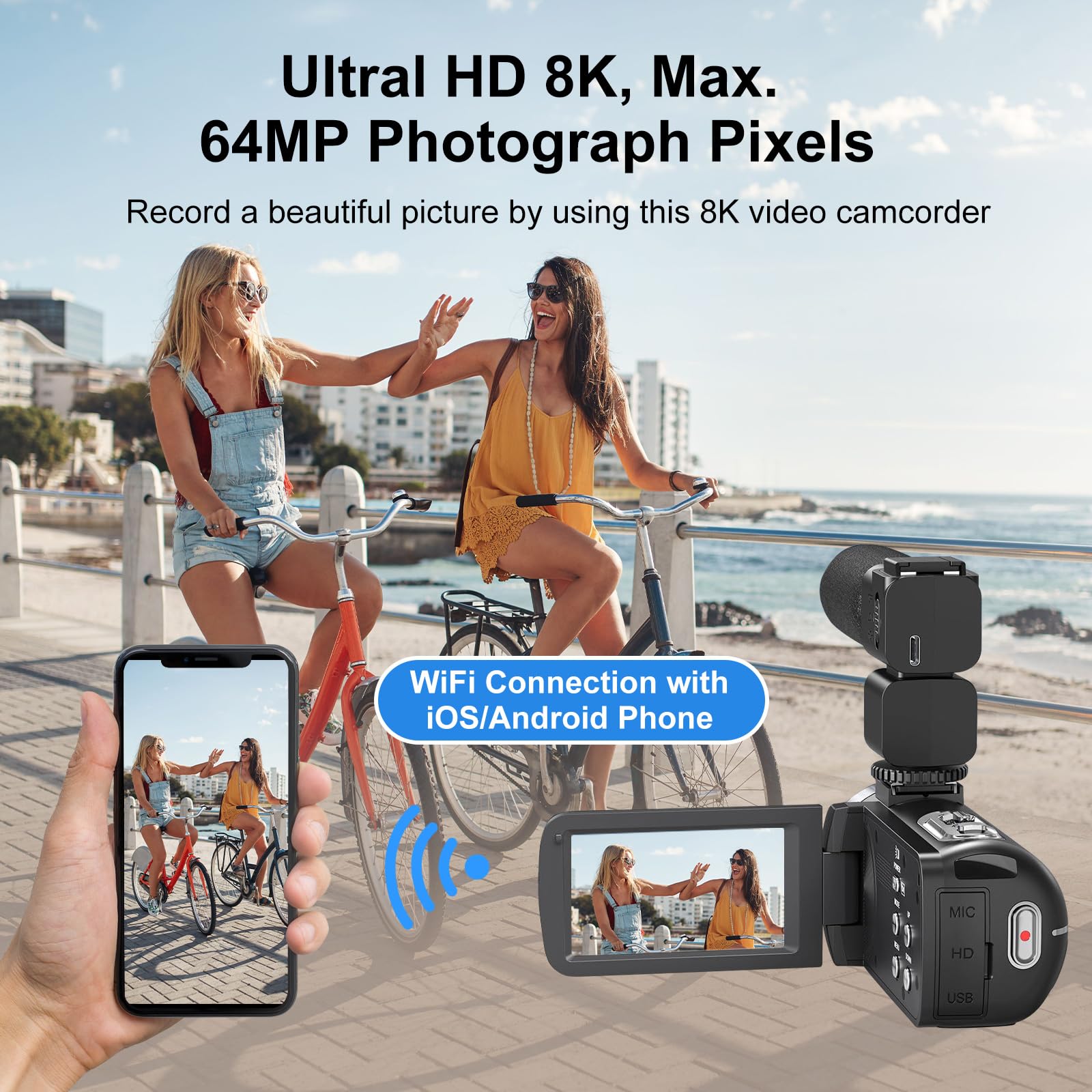 Ourlife 8K Video Camera Camcorder, Uhd Digital Camcorder 8K/15Fps 4K/60Fps 5K 6K/30Fps Adjustable, 3 Touch Screen 18X, 64Mp Phot
