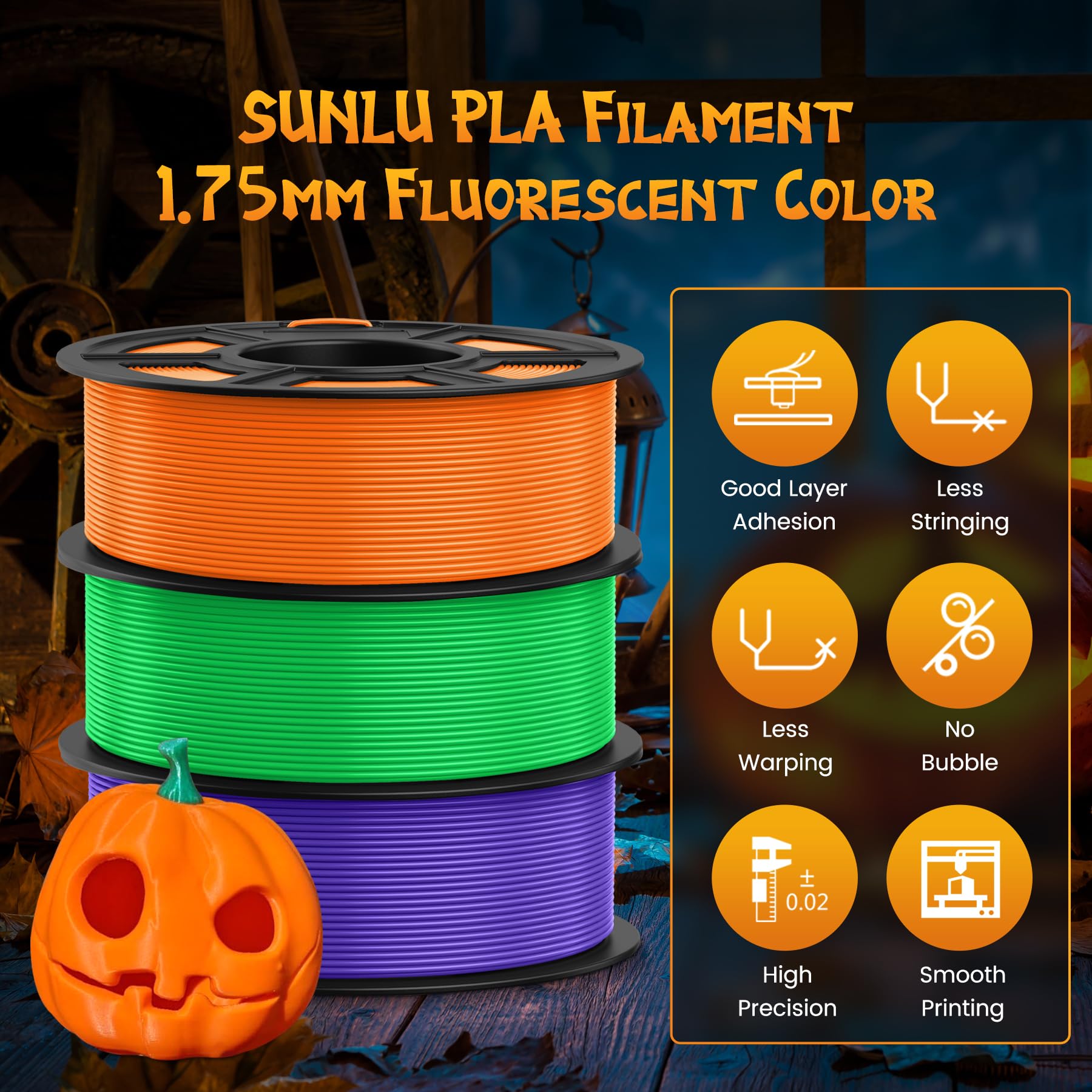 Sunlu Fluorescent Pla 3D Printer Filament, Pla Filament 1.75Mm, Brighter Color For Halloween Decoration, Neatly Wound Filament,