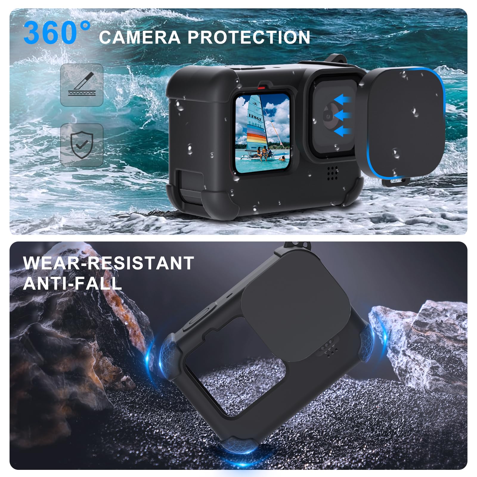 Fitstill Silicone Rubber Case+(6Pcs) Tempered Glass Protector Compatible For Go Pro Hero12/Hero11/Hero10/Hero9 Black,Soft Sleeve