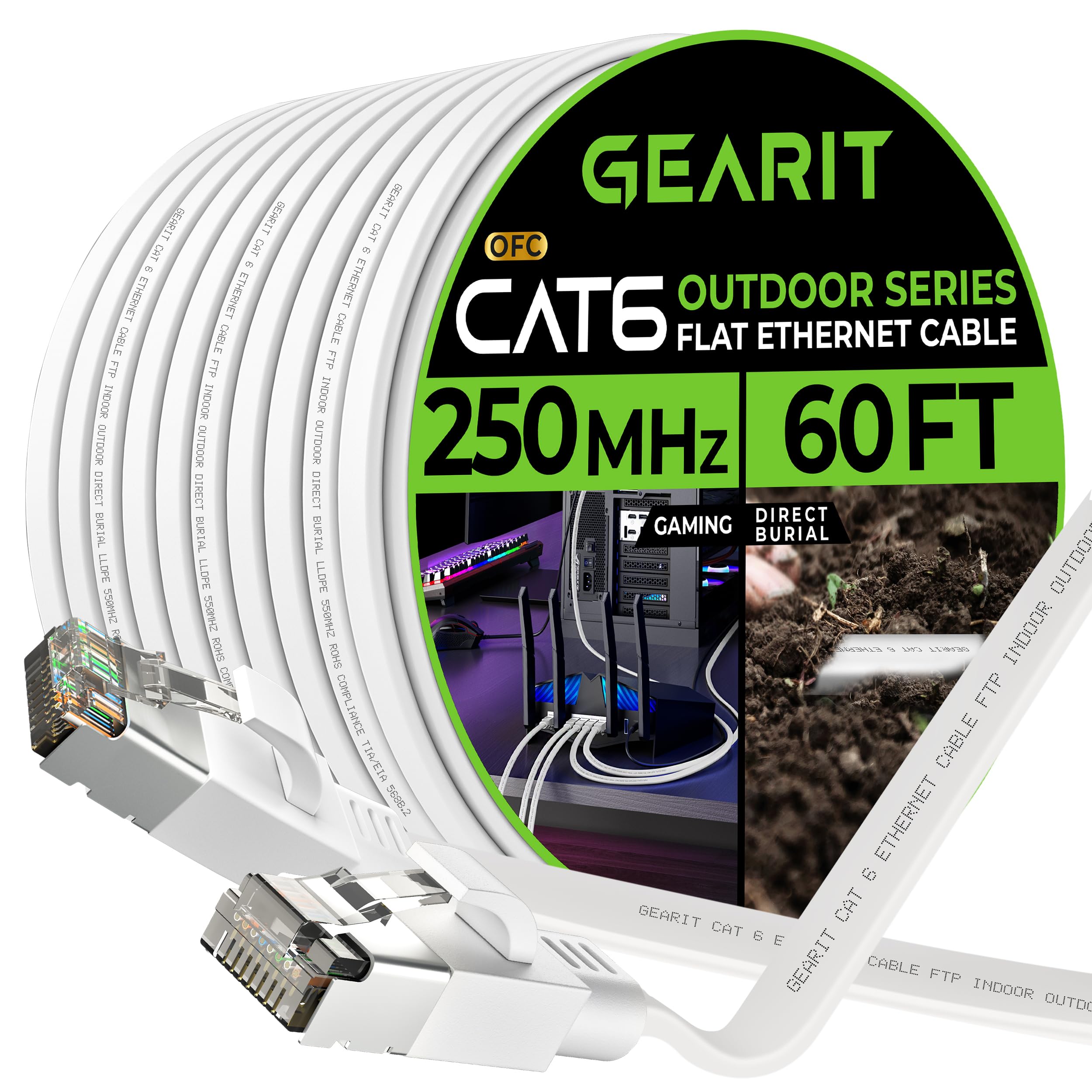 Gearit Cat 6 Outdoor Flat Ethernet Cable (60Ft, White) Direct Burial Rated Lldpe Jacket   Indoor Cat6 Shielded Ftp 10Gbps High S