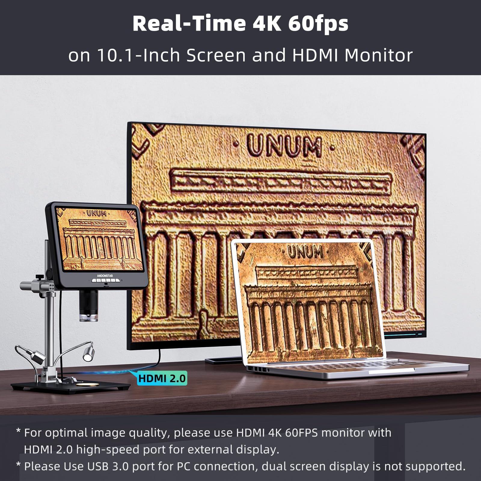 Andonstar 4K 60Fps 10.1'' Hdmi Digital Microscope For Soldering, 64Mp 3840P Uhd Video Audio Record, Ad210S Pro Electronic Pcb Mi