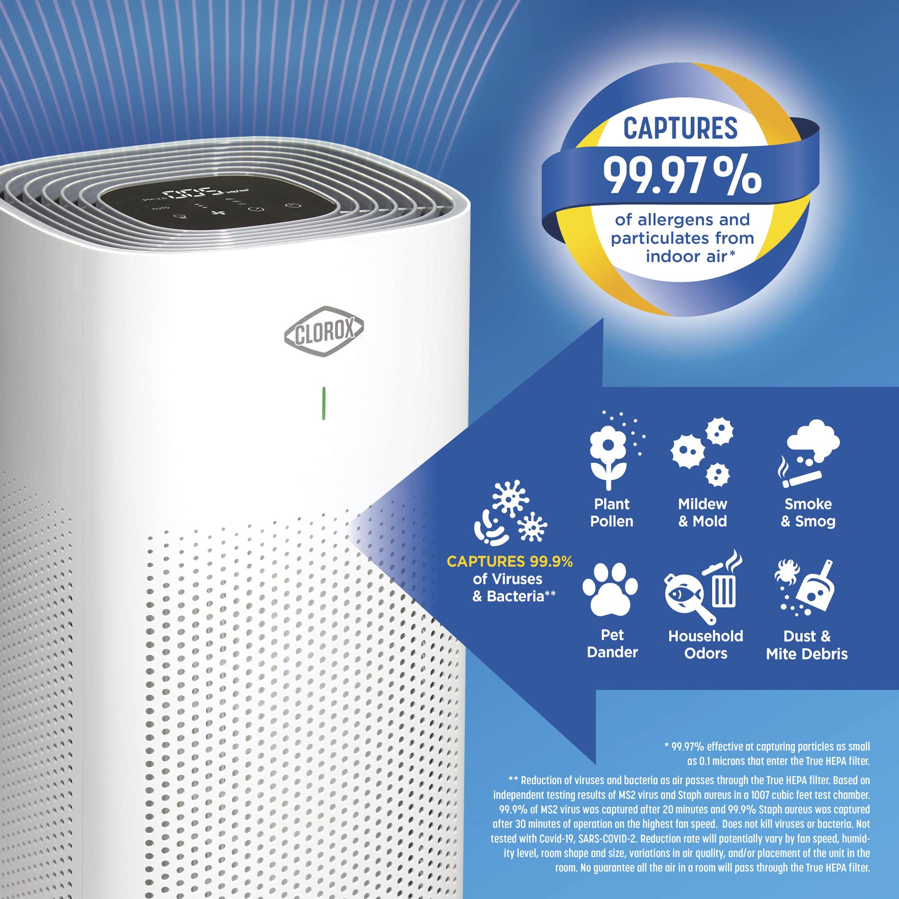 Clorox Air Purifiers For Home, True Hepa Filter, Large Rooms Up To 1,500 Sq Ft, Removes 99.9% Of Mold, Viruses, Wildfire Smoke,