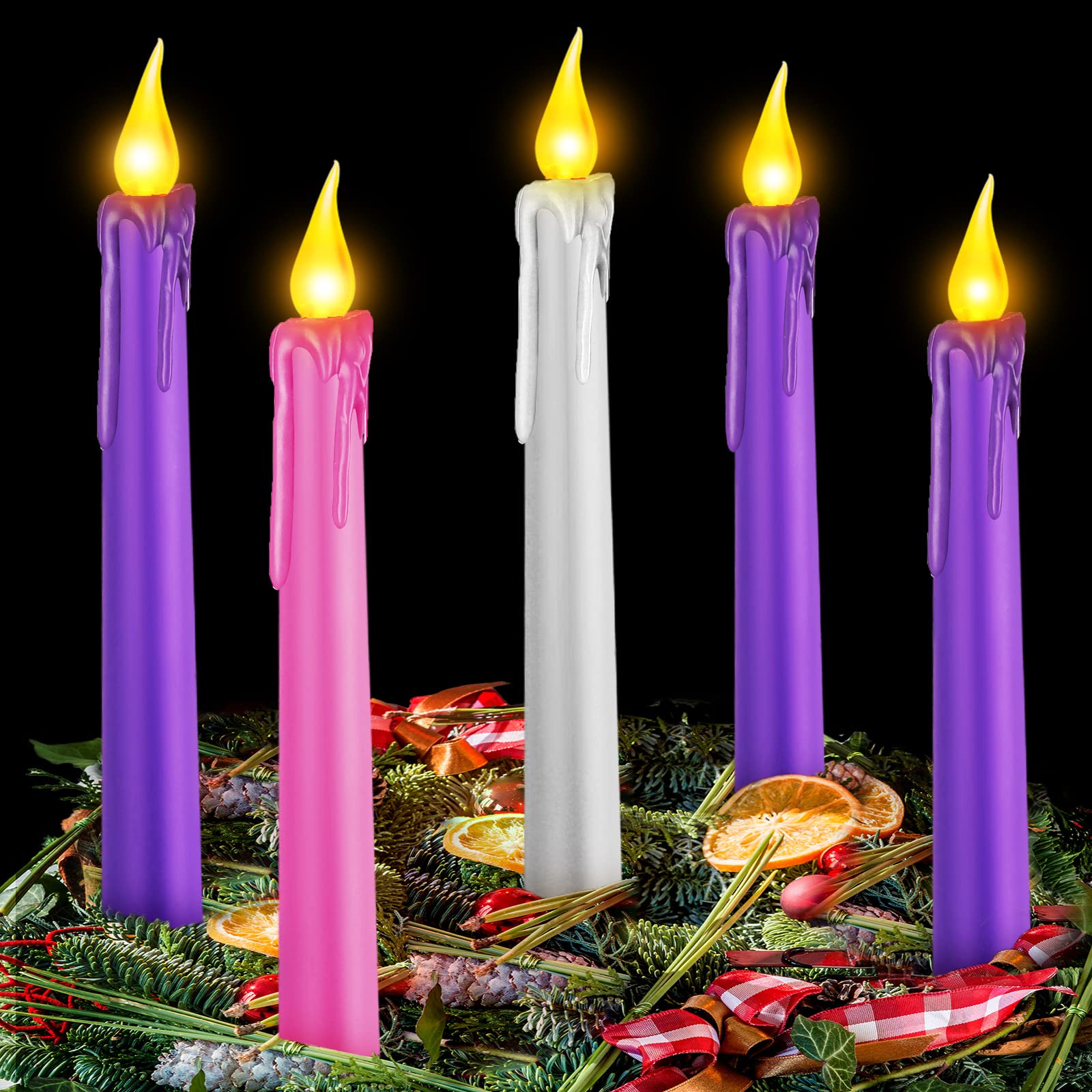 Mudder 5 Pcs Led Flameless Advent Candle Set Christmas Candles Seasonal Celebration Purple Pink White Taper For Church Wreath Ri