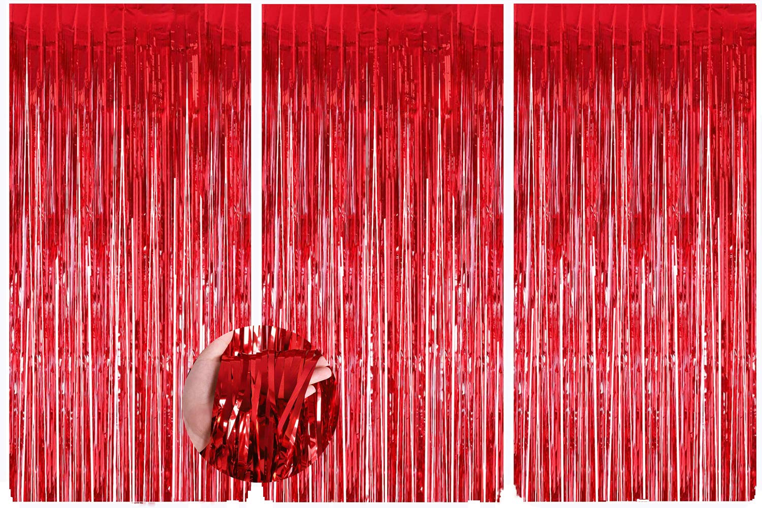 3Pcs Red Fringe Backdrop, 3.2Ft X 8.2Ft Abcty Streamer Backdrop Metallic Tinsel Foil Curtains Party Decor For Birthday Wedding B