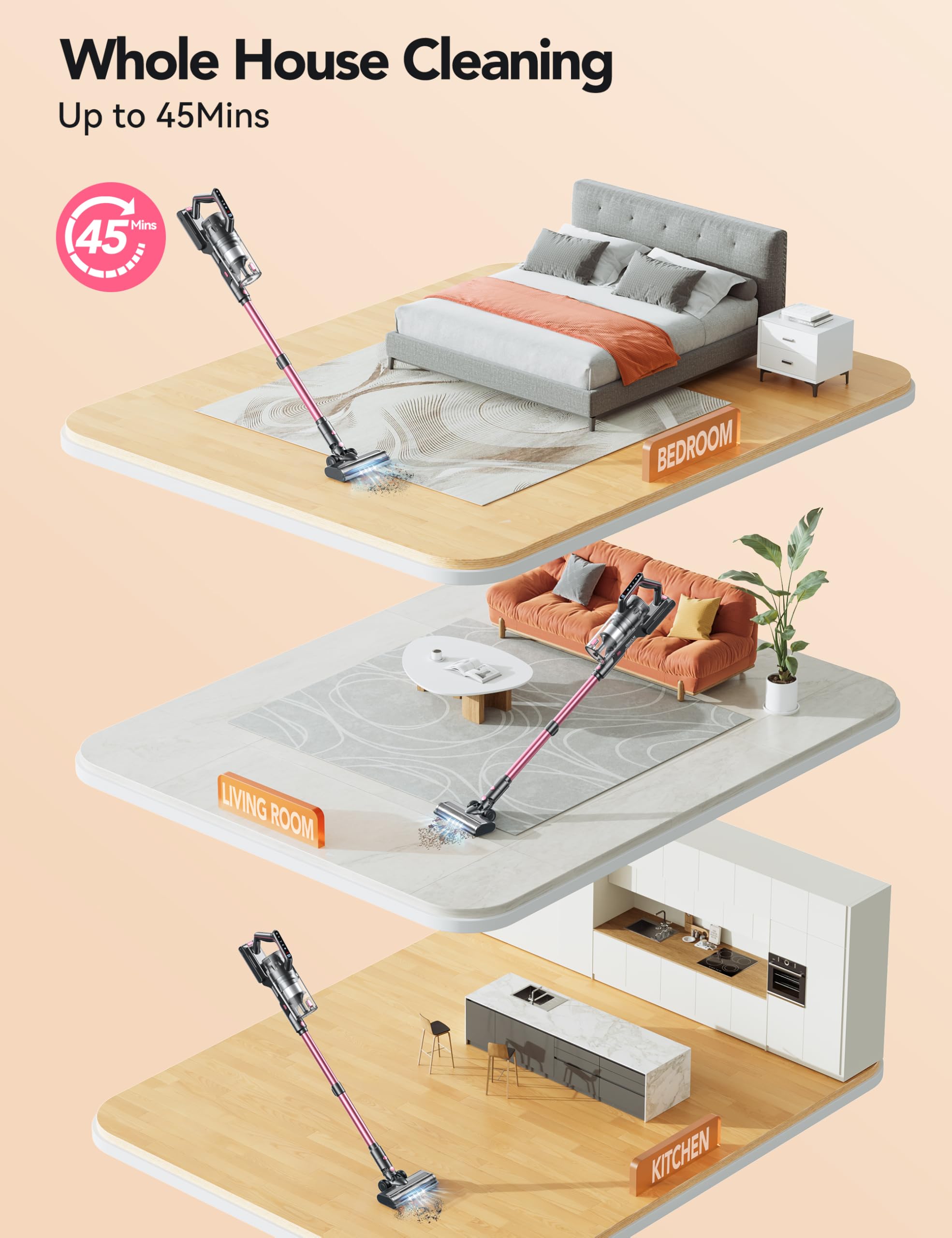 Qikcln Cordless Vacuum Cleaner, 23000Pa Powerful Lightweight Stick Vac With Led Headlights, 45 Minutes Runtime, 3 Modes, Handhel