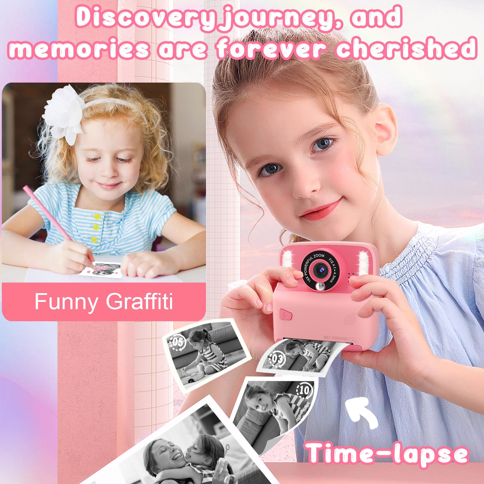 Instant Print Camera For Kids, Christmas Birthday Gift For Girls Boys Age 3 12 Toddler, Print Black White Photo Toy Instant Came