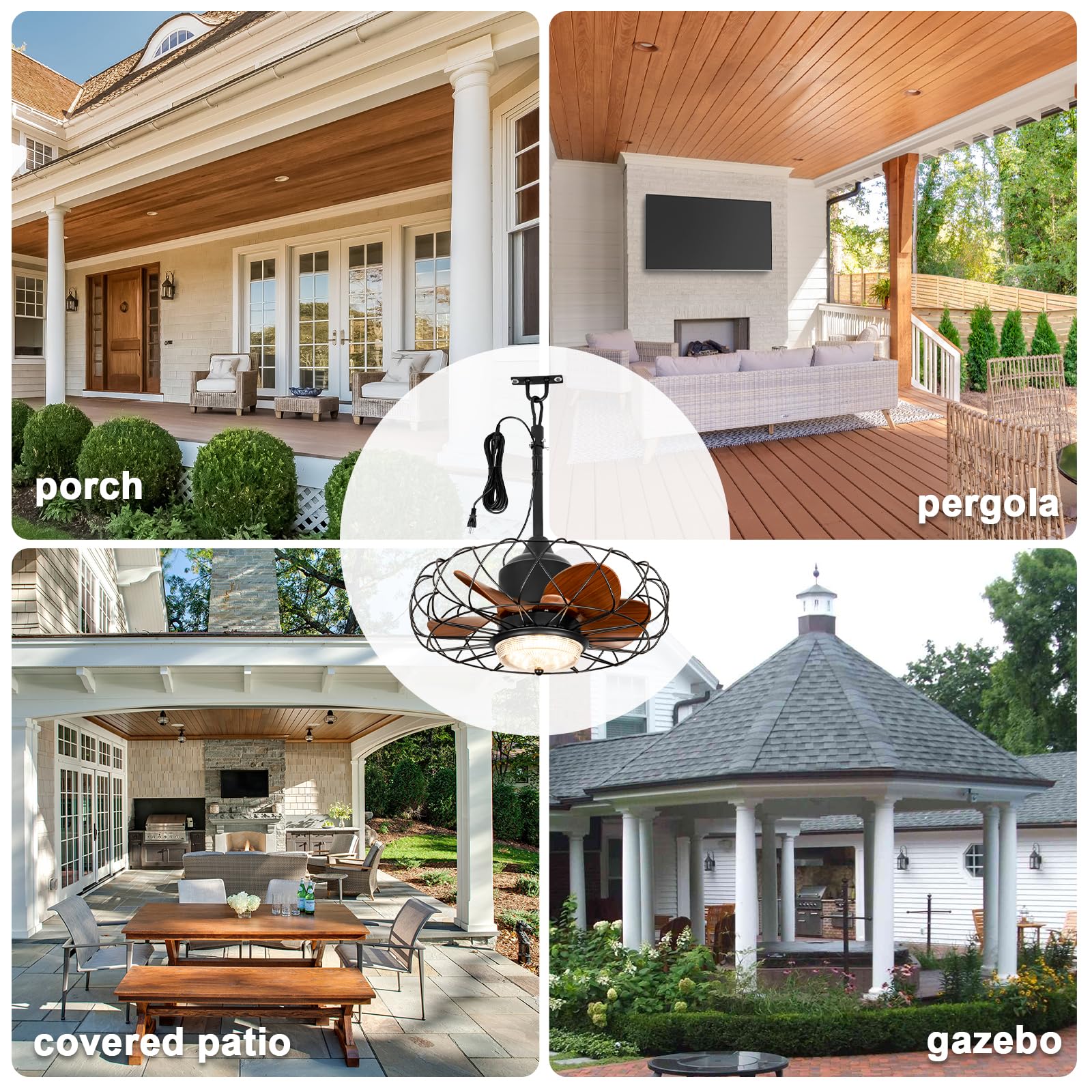 20 Outdoor Ceiling Fan With Light For Patios Waterproof Caged Gazebo Fans Outdoor Hanging Lighting With Plug-In Cord, Dimmable L