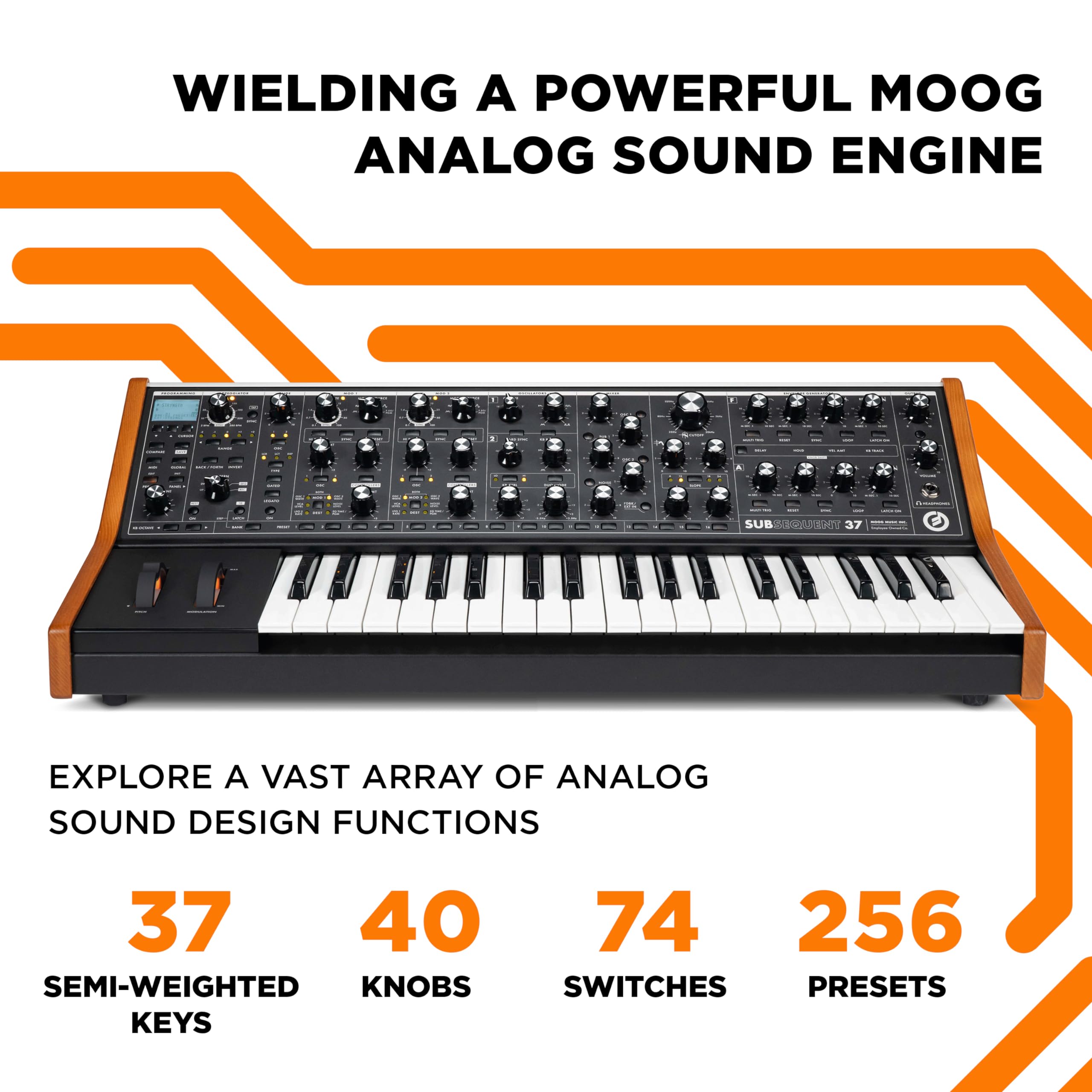 Moog Subsequent 37 Paraphonic Analog Synthesizer And Midi Keyboard With 37 Semi Weighted Keys, Headphone Amp, 256 Presets, Scree