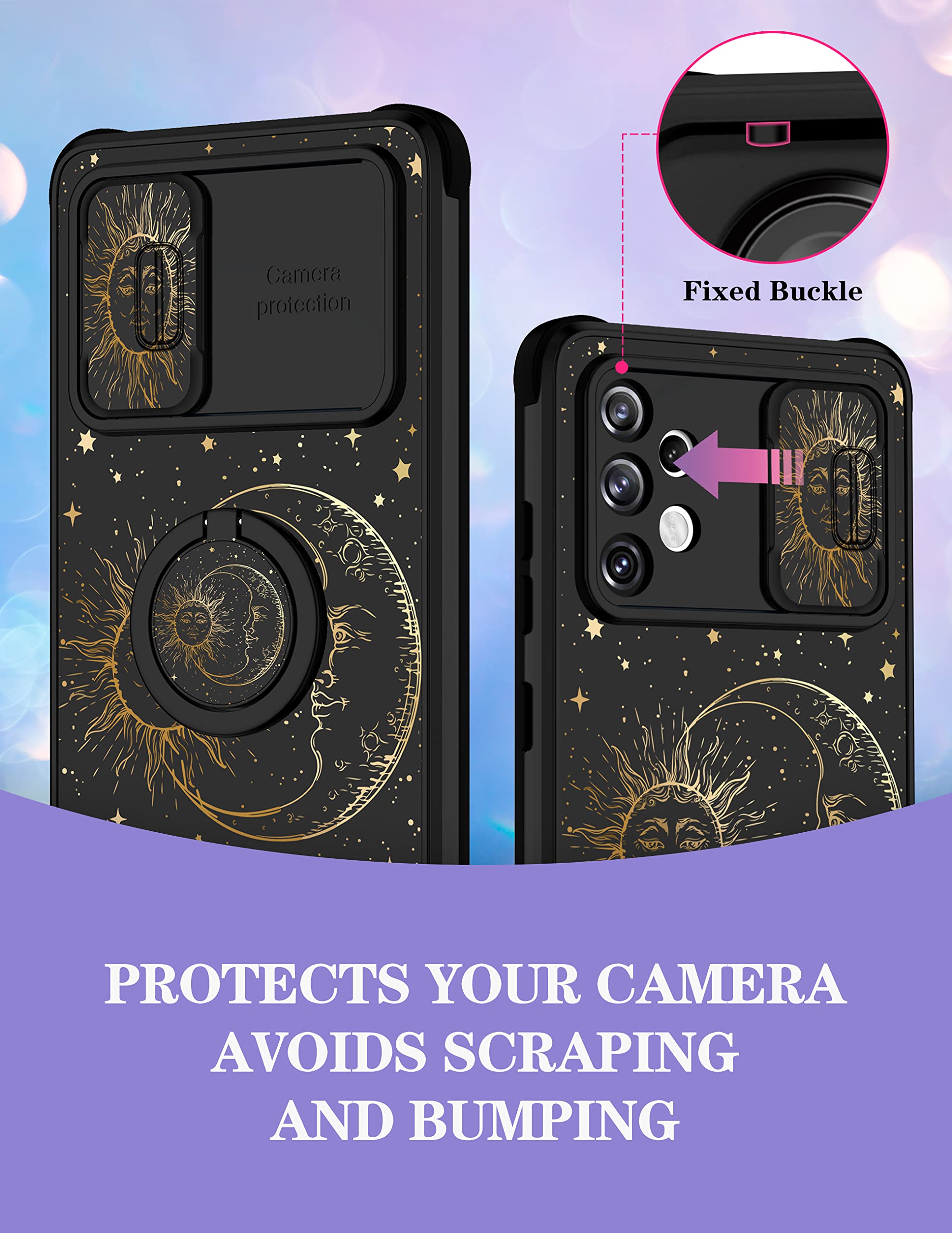 Goocrux (2In1 For Samsung Galaxy A32 5G Case Sun And Moon Women Girls Cute Stars Space Phone Cover With Slide Camera Cover+Ring