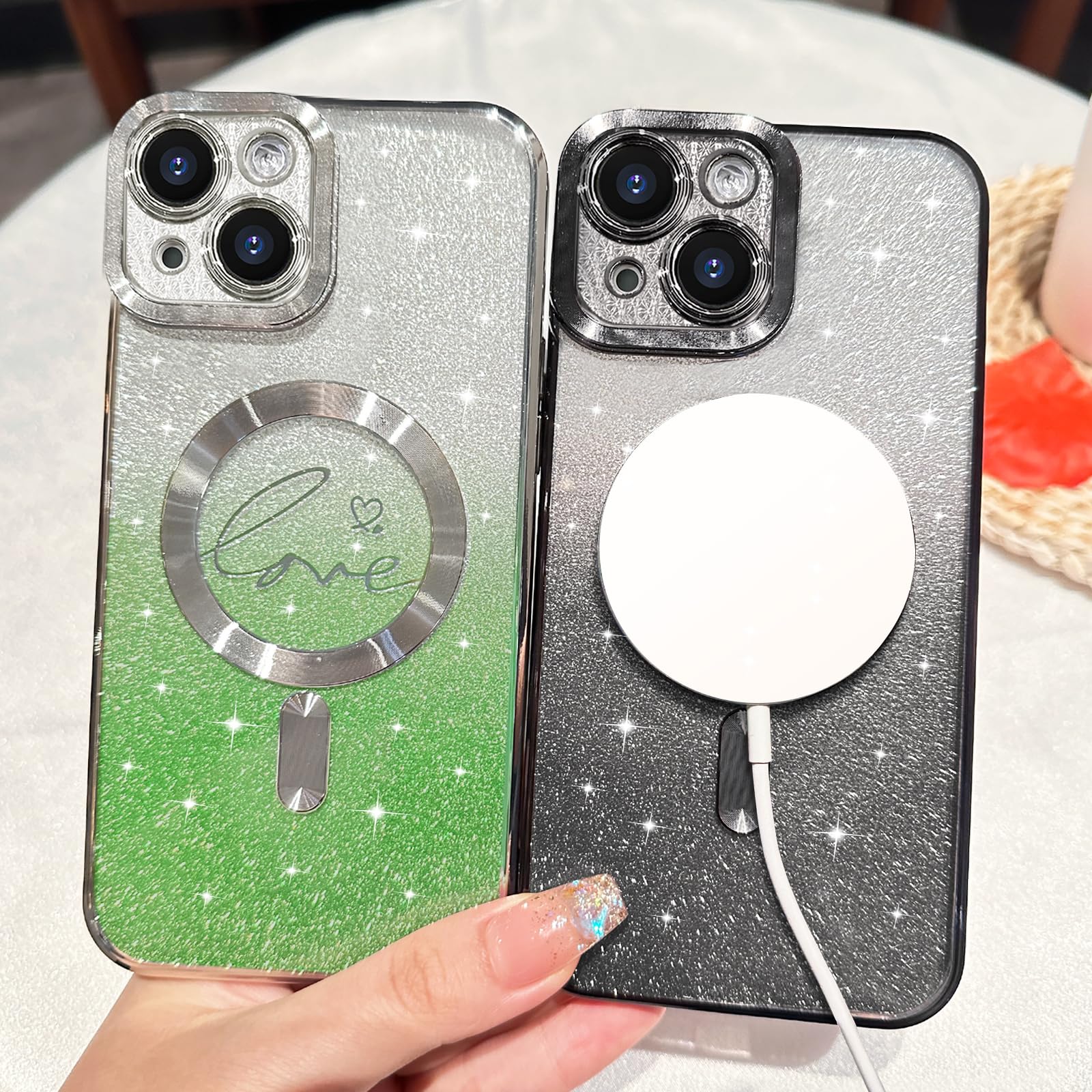 Hython For Iphone 14 Plus Case Glitter, Clear Magnetic Phone Cases With Luxury Love Heart Pattern [Compatible With Magsafe] Blin