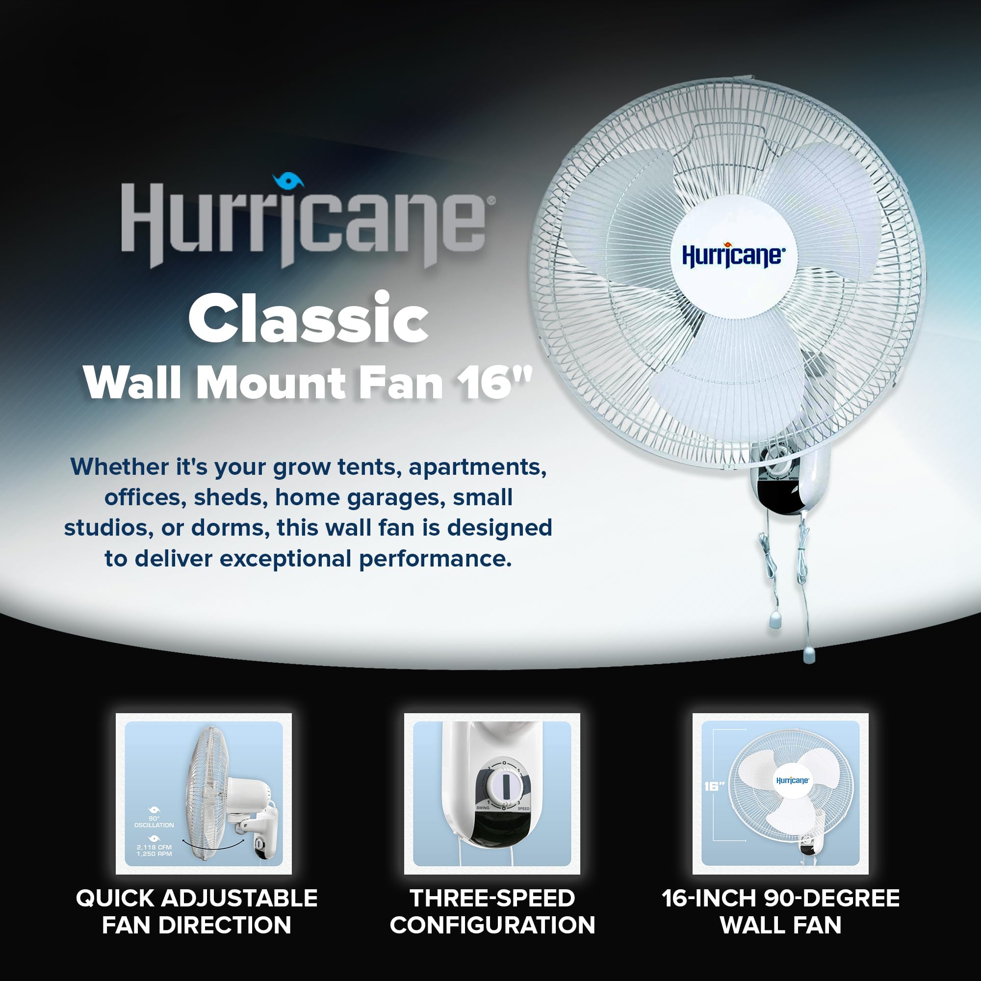 Hurricane Wall Mount Fan, Quiet 90 Degree Oscillating Fan With 3 Speeds, 16'' Classic