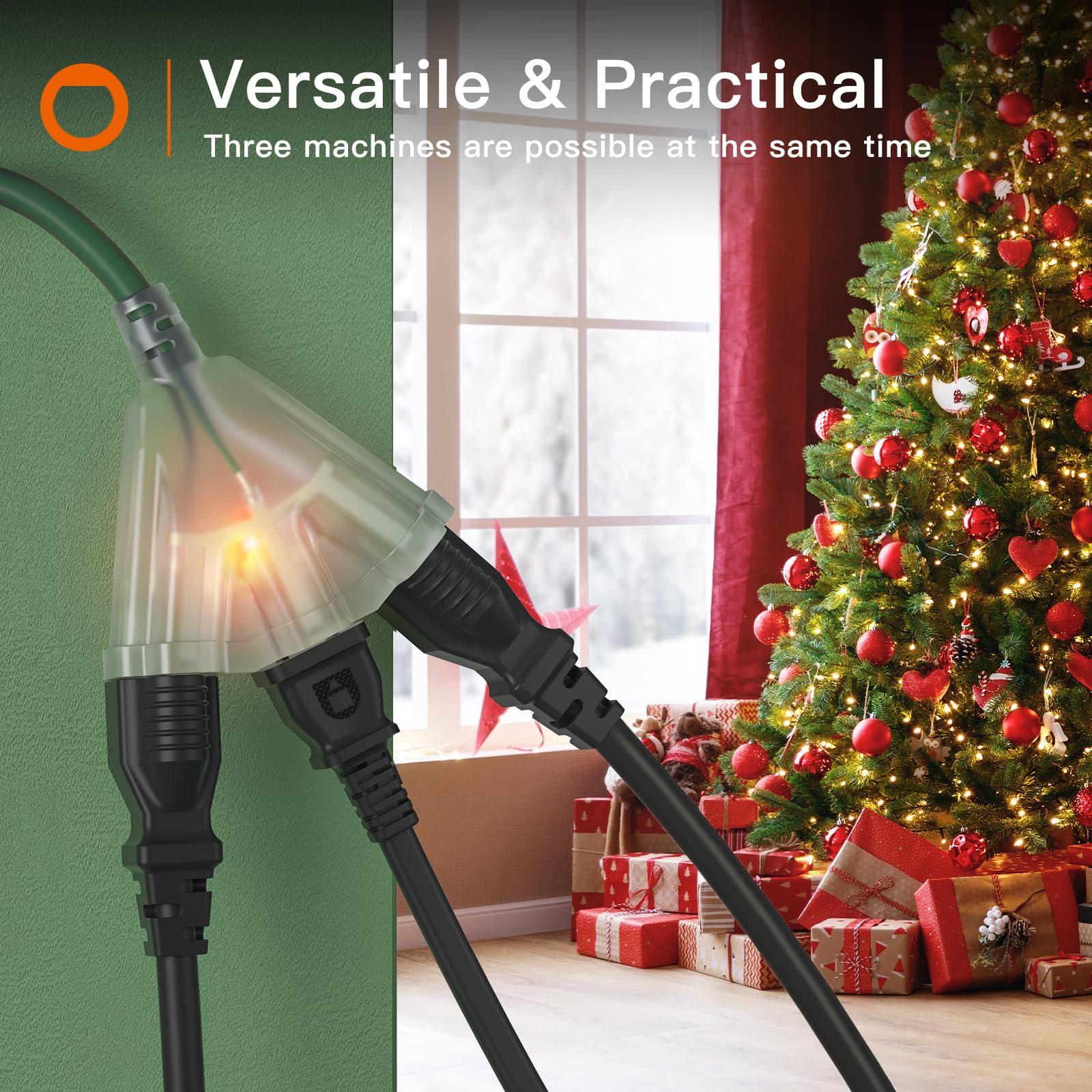 Addlon 25Ft 16/3 Lighted Outdoor Extension Cord With 3 Plug Outlet, Heavy Duty Extension Cord With 3 Prong Grounded Plug For Saf