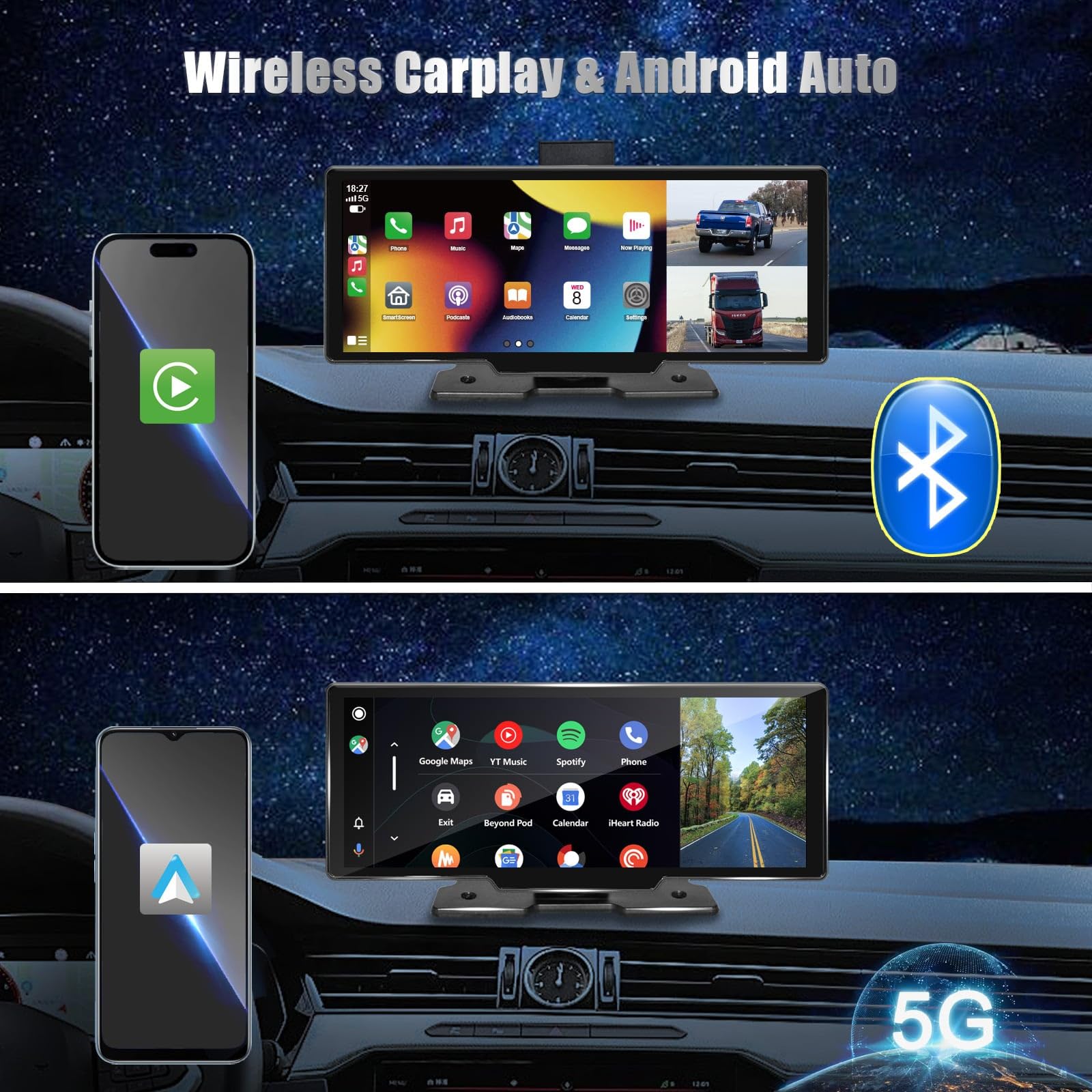 Portable Carplay Screen For Car, 10.26'' Wireless Car Stereo Receiver Apple Carplay & Android Auto With Front Dash Cam/1080P Bac