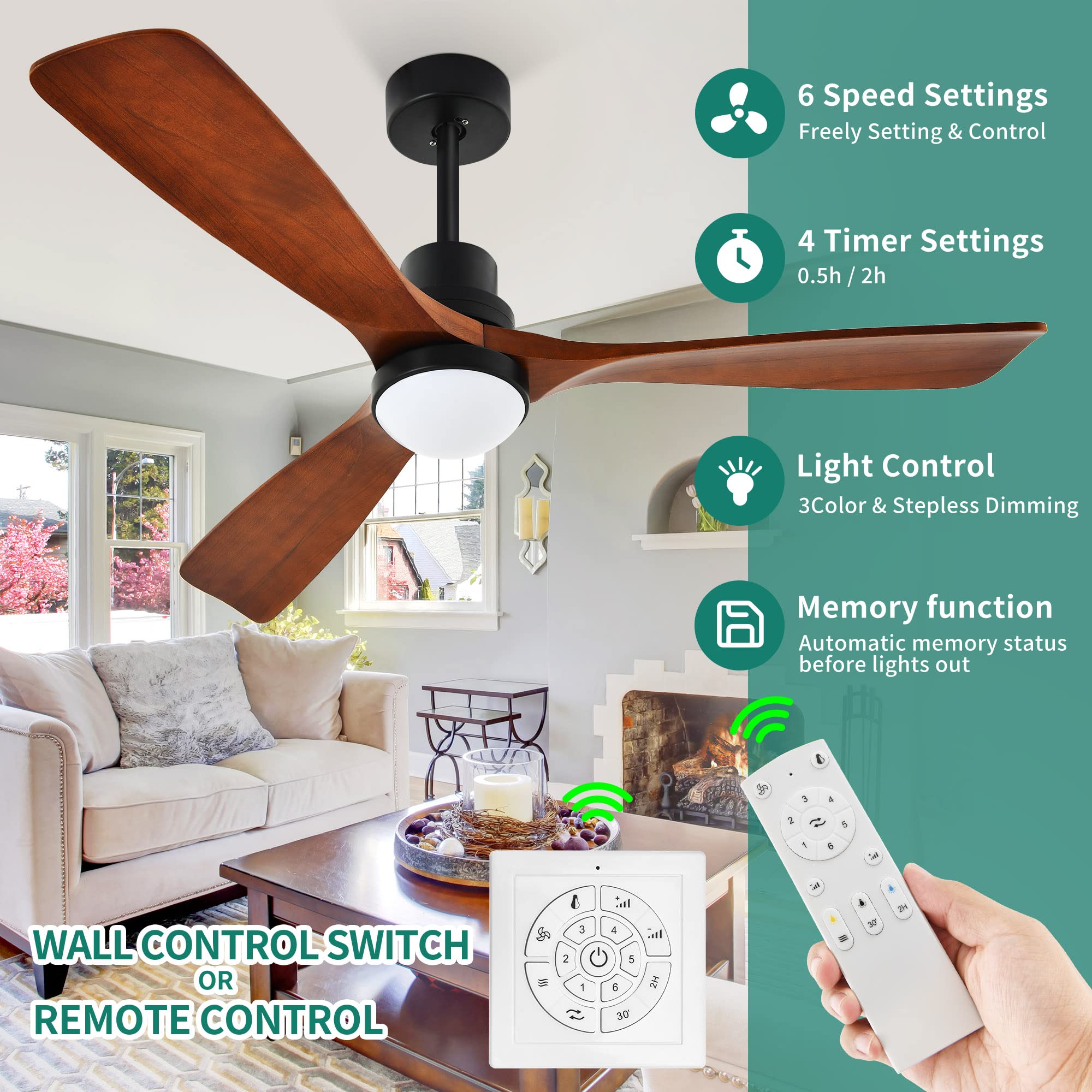 Yitahome 52'' Ceiling Fan With Lights And Wall Switch Remote, Industrial Wood Fan With Quiet Reversible 6 Speeds Motor, Dimmable