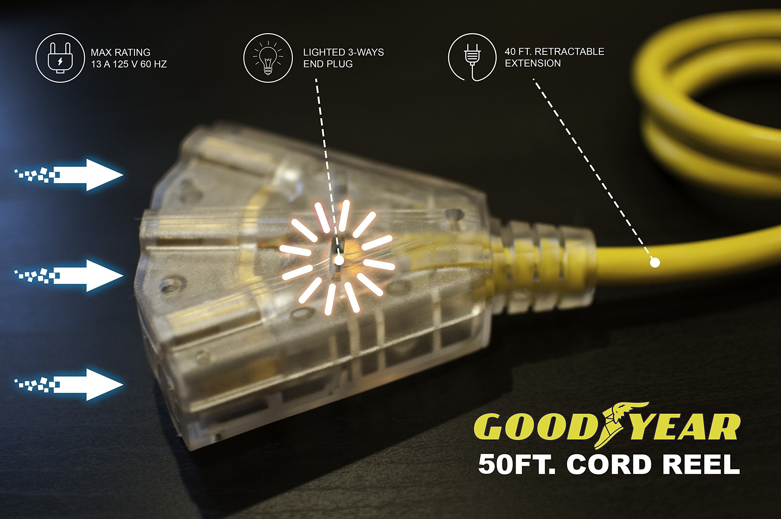 Goodyear Extension Cord Reel Retractable 16Awg X 50' Foot 3C/Sjtow Commercial Cable Led Triple Tap Connector Power 10A 125Vac 93