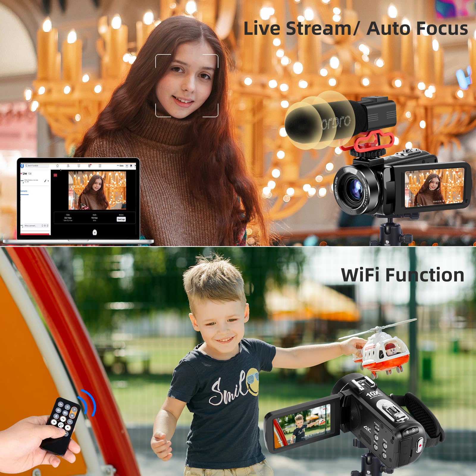 Video Camera 4K Camcorder With 10X Optical Zoom & 120X Intelligent Zoom, 4K 30Mp Wifi Youtube Video Streaming Camera 3.0' Ips Touch Screen Digital Camera With Microphone, Wide Angle Lens, 32G Card