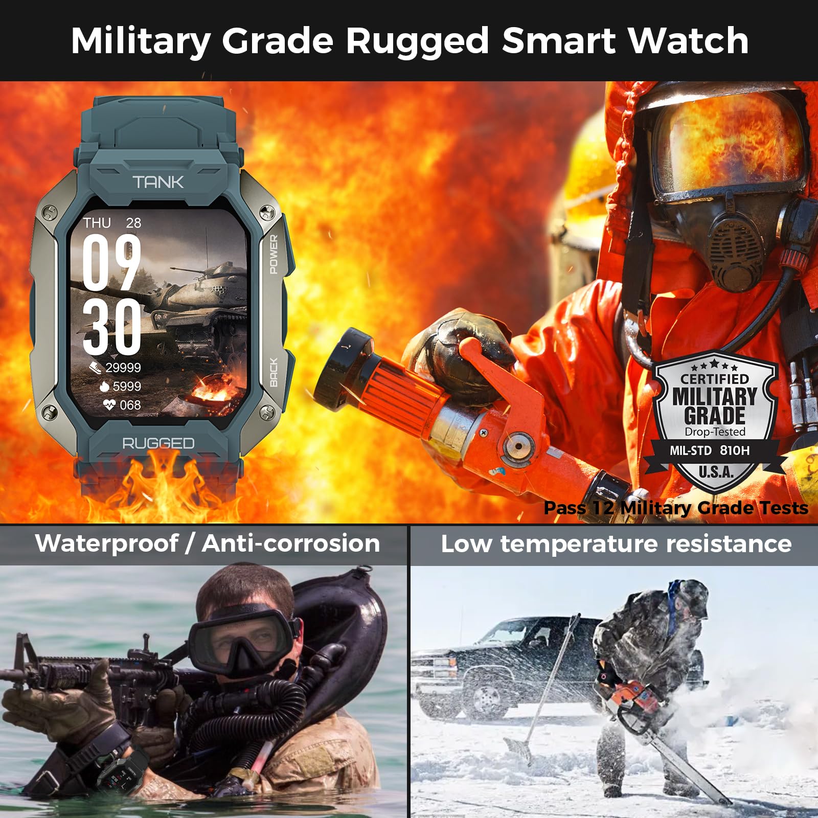 Amaztim Smart Watches For Men,50M Waterproof Rugged Military Grade Bluetooth Call(Answer/Dial Calls),Health Tracker For Android