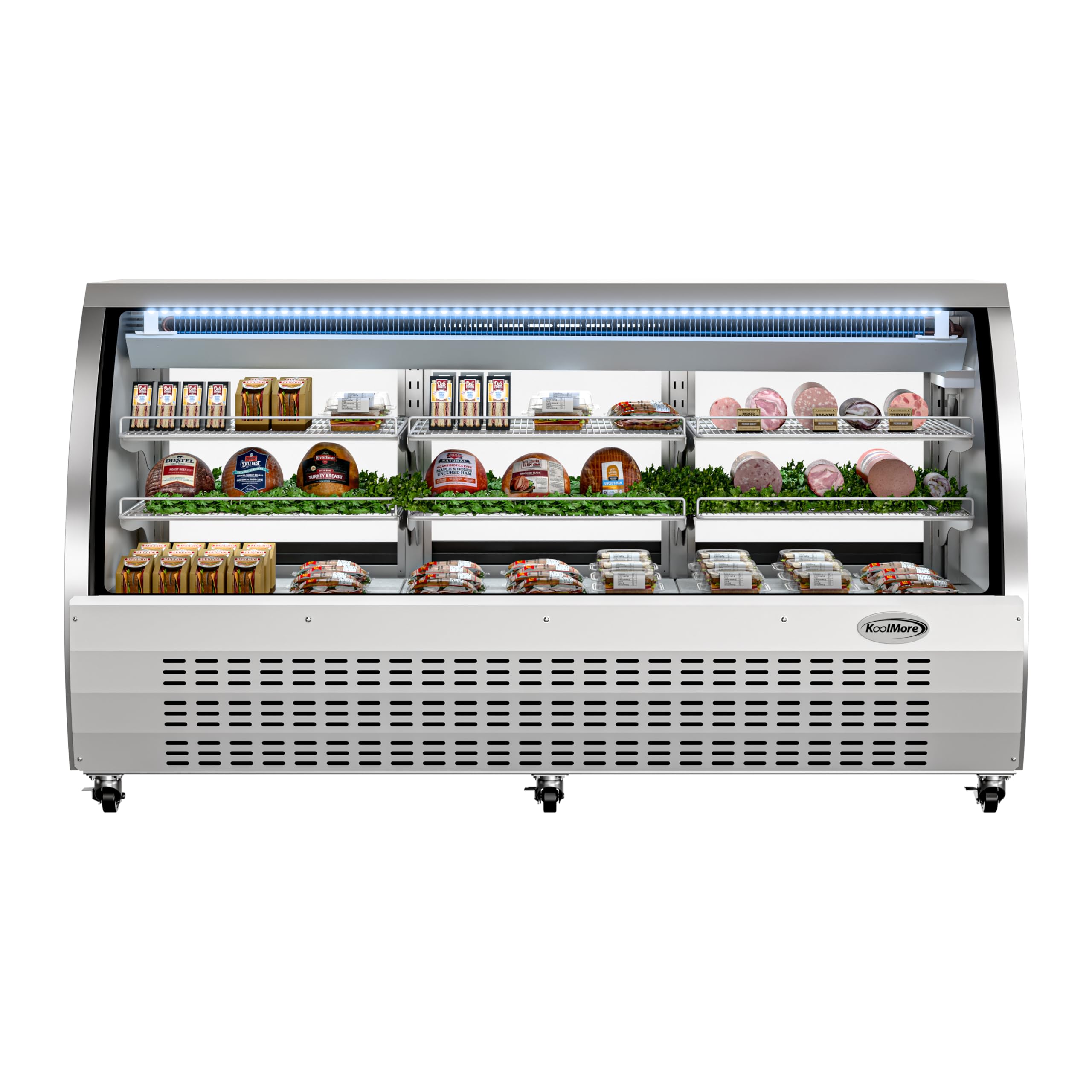 KoolMore 82 Deli Case and Meat Display Stainless-Steel Refrigerator for Commercial Use, Multi-Tiered Shelves, Curved Glass Front