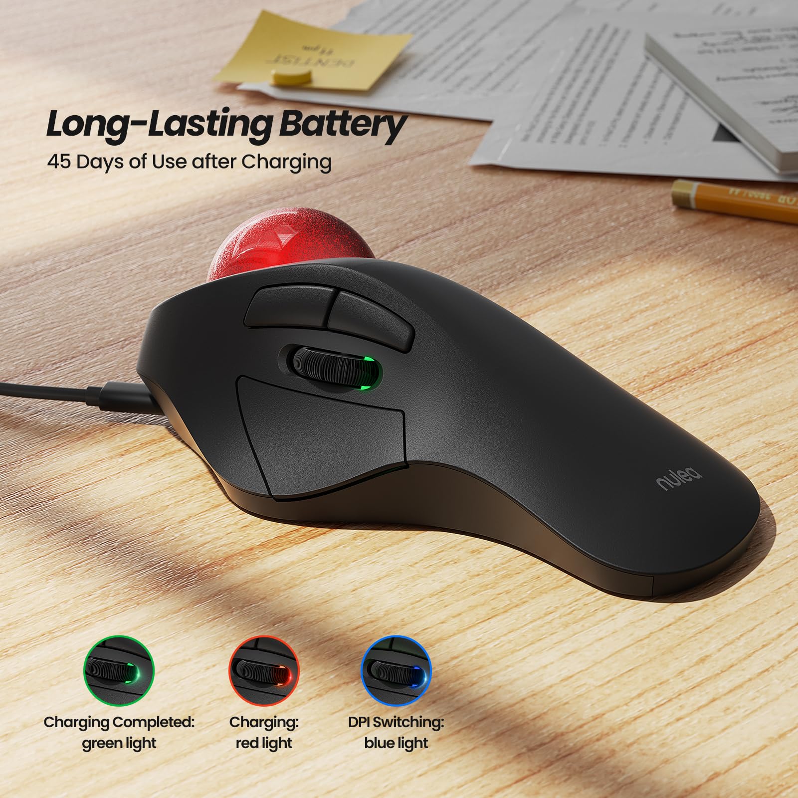 Nulea M505B Wireless Trackball Mouse, Rechargeable Ergonomic Rgb Rollerball Mouse, Easy Index Finger Control With 5 Adjustable D
