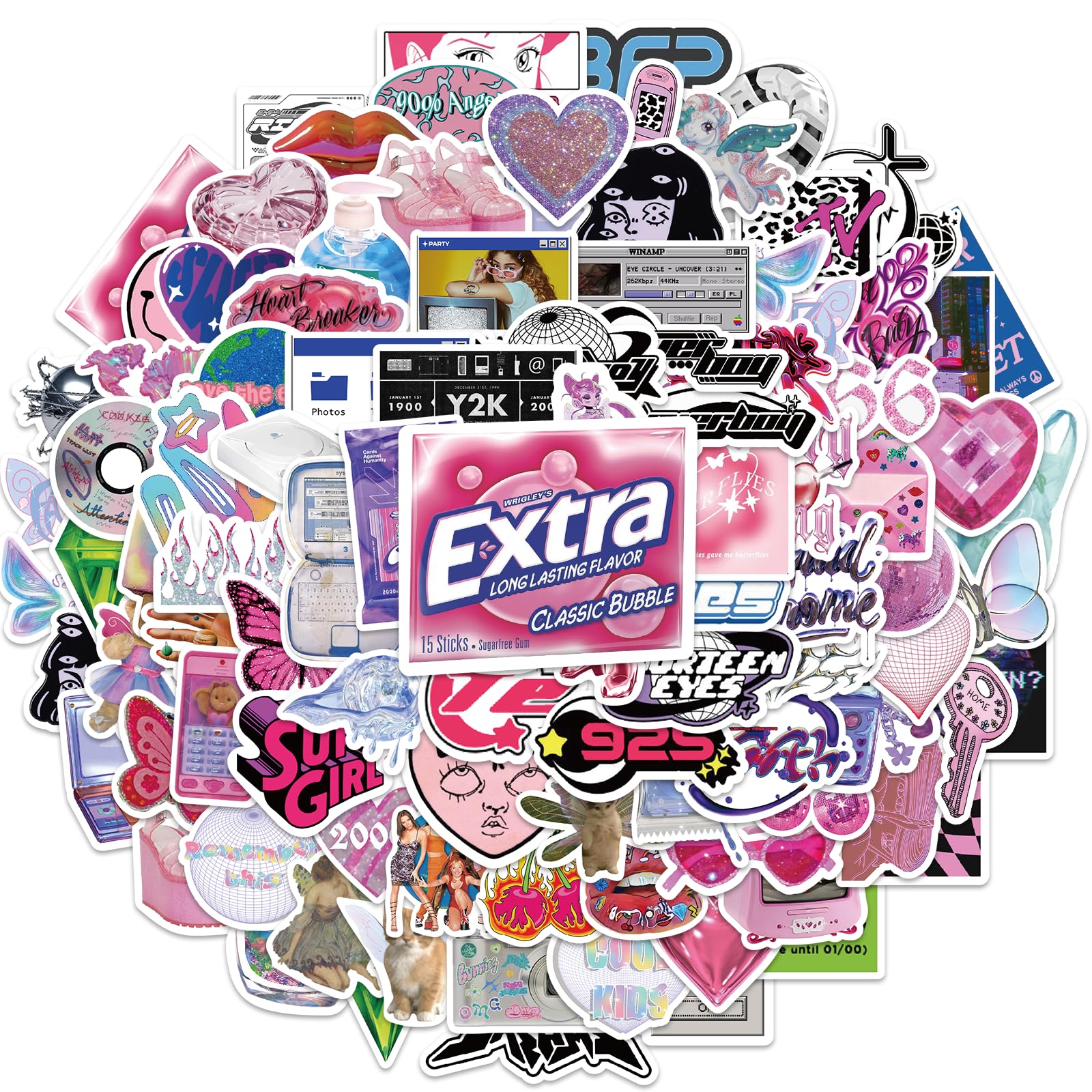 Y2k Retro Aesthetic Stickers, 106pcs Cool 2000s Cyber Trend Stickers, Vinyl Waterproof Sticker for Laptop, Guitar, Water Bottle,