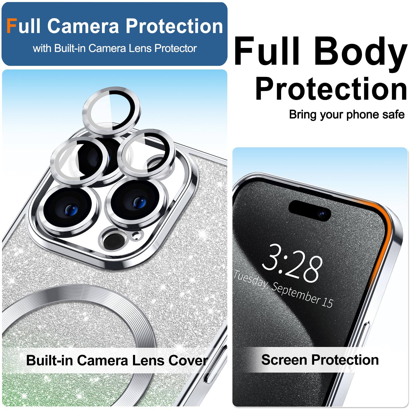 Hython For Iphone 15 Pro Max Case Clear Magnetic Glitter Phone Cases [Compatible With Magsafe] Full Camera Lens Protector Slim G