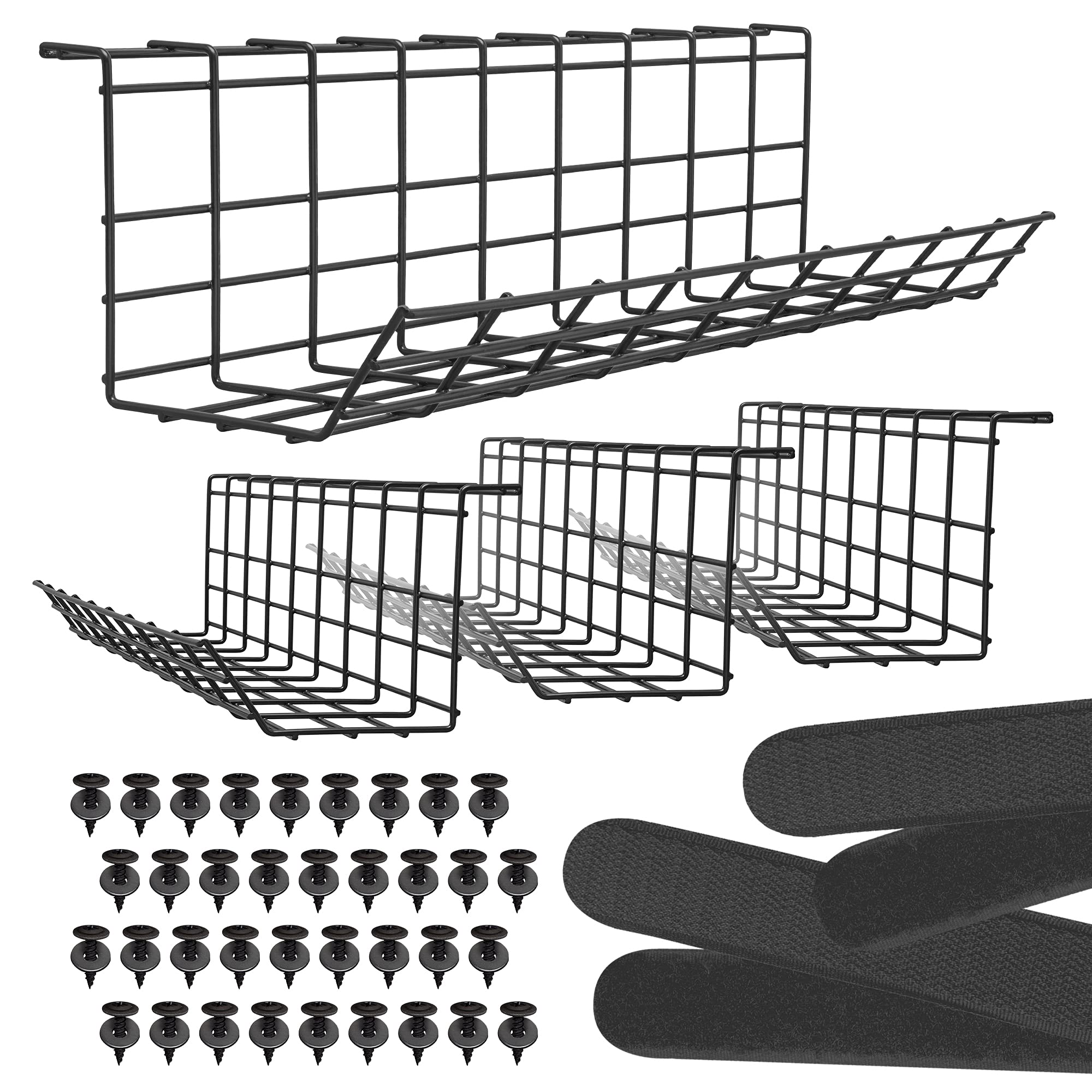 Under Desk Cable Tray, Cord Organizer for Wire, Cord Management, Under Desk, Wire Holders - Black Tray - Set of 4X 17