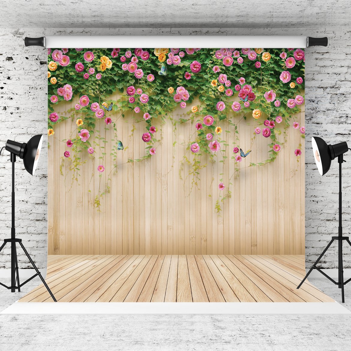 Wolada 10X10Ft Flower Wall Backdrop Spring Backdrop Spring Floral Photo Backdrop Brown Wood Plank Flower Wall Photography Backdrop Girl Birthday Party Wedding Shower Photography Background 8909