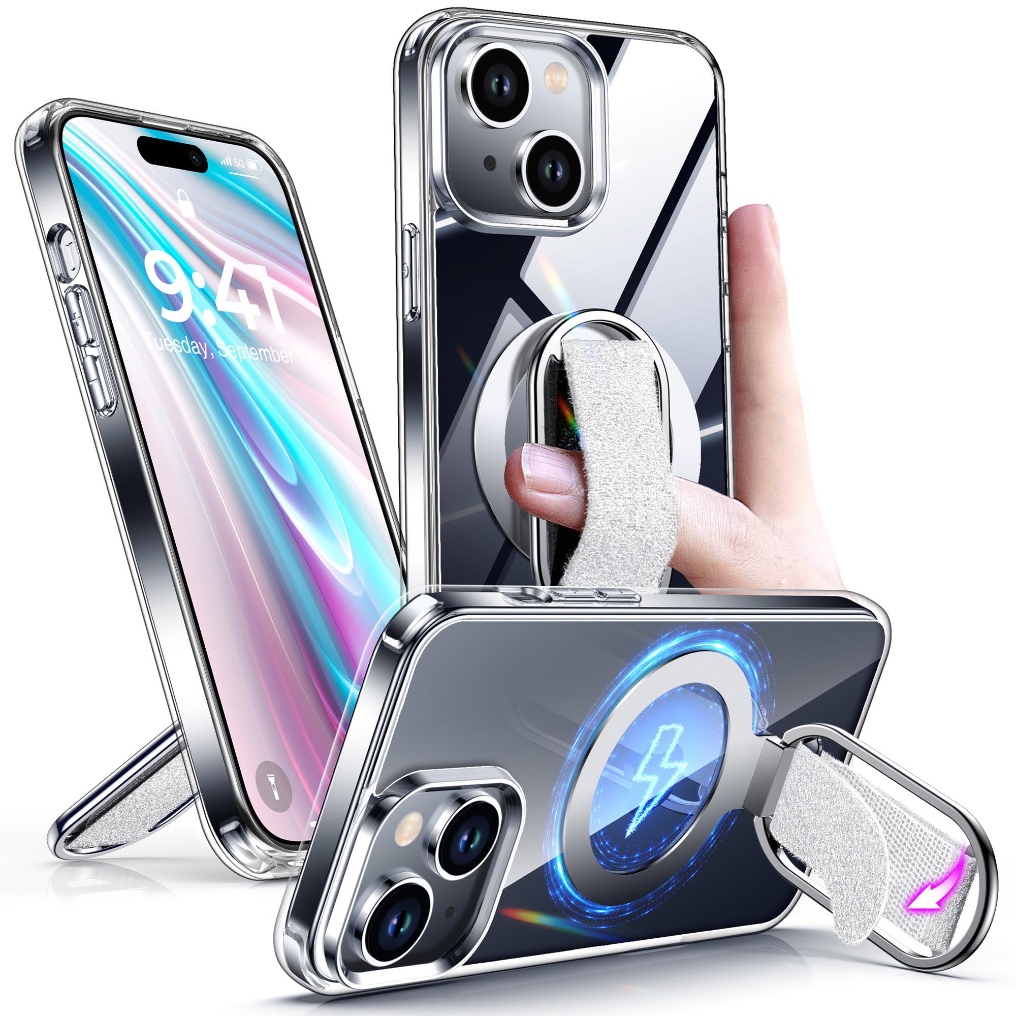 Shields Up for iPhone 15 Case with Stand, 15 Phone Case Clear with Ring Holder & Phone Grip [Compatible with MagSafe] Shockproof