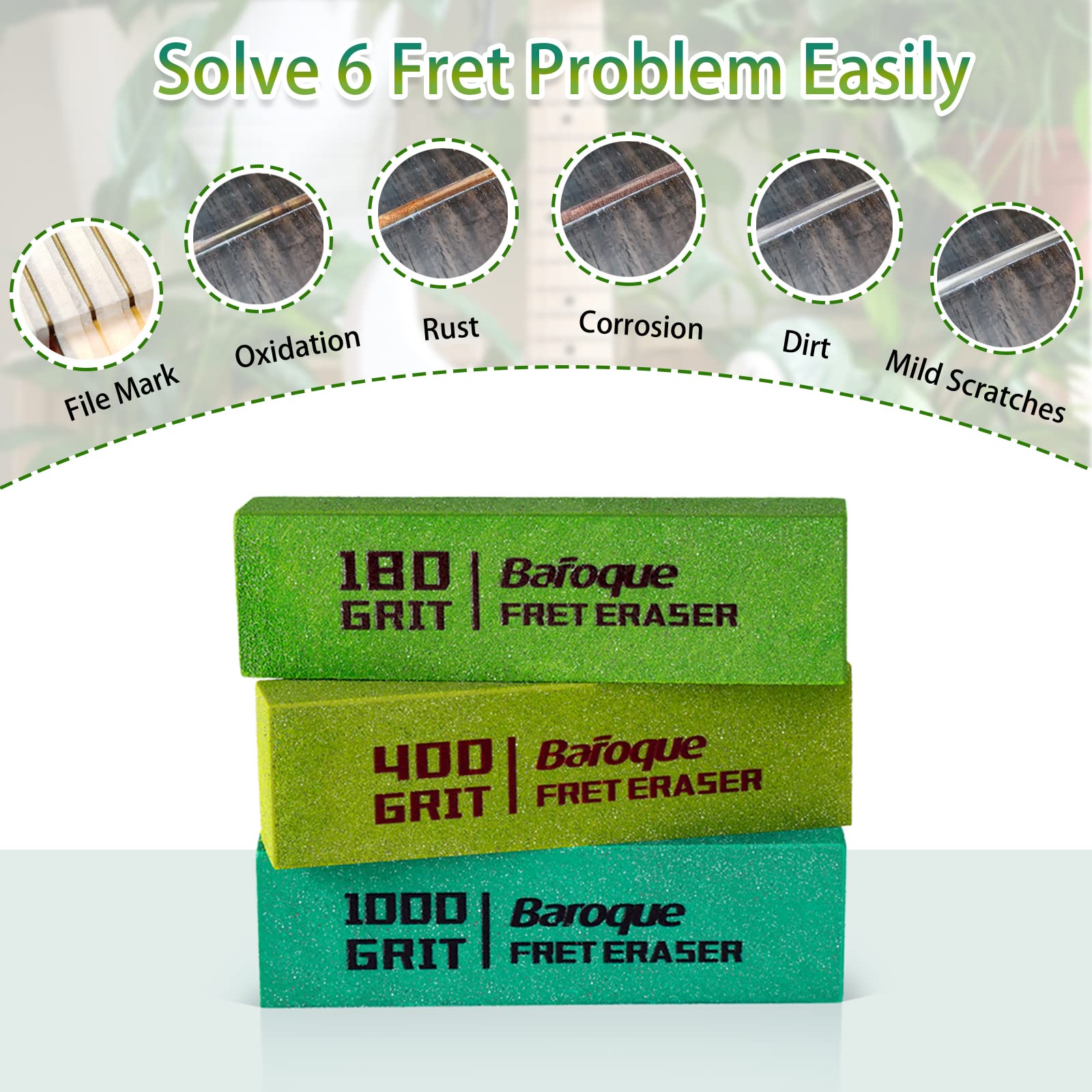 Baroque Fret Erasers 180 & 400 & 1000 Grits, Guitar Fret Polishing Abrasive Rubber Blocks, Set Of 3 Grits