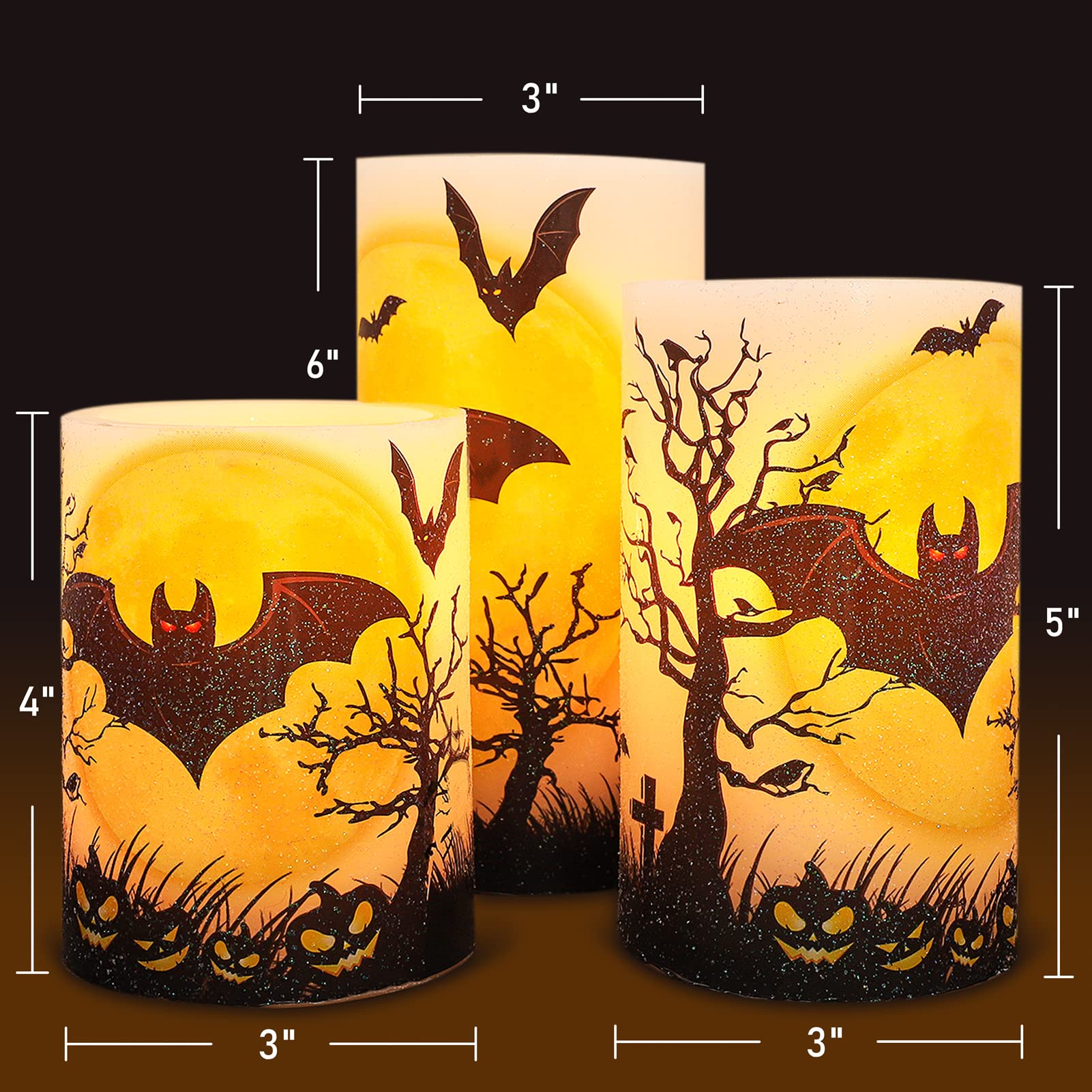 Flavcharm Halloween Decorations Led Candles With Bats Moon Big House Pumpkin Battery Operated Remote Timer Dim Glitter Design Re