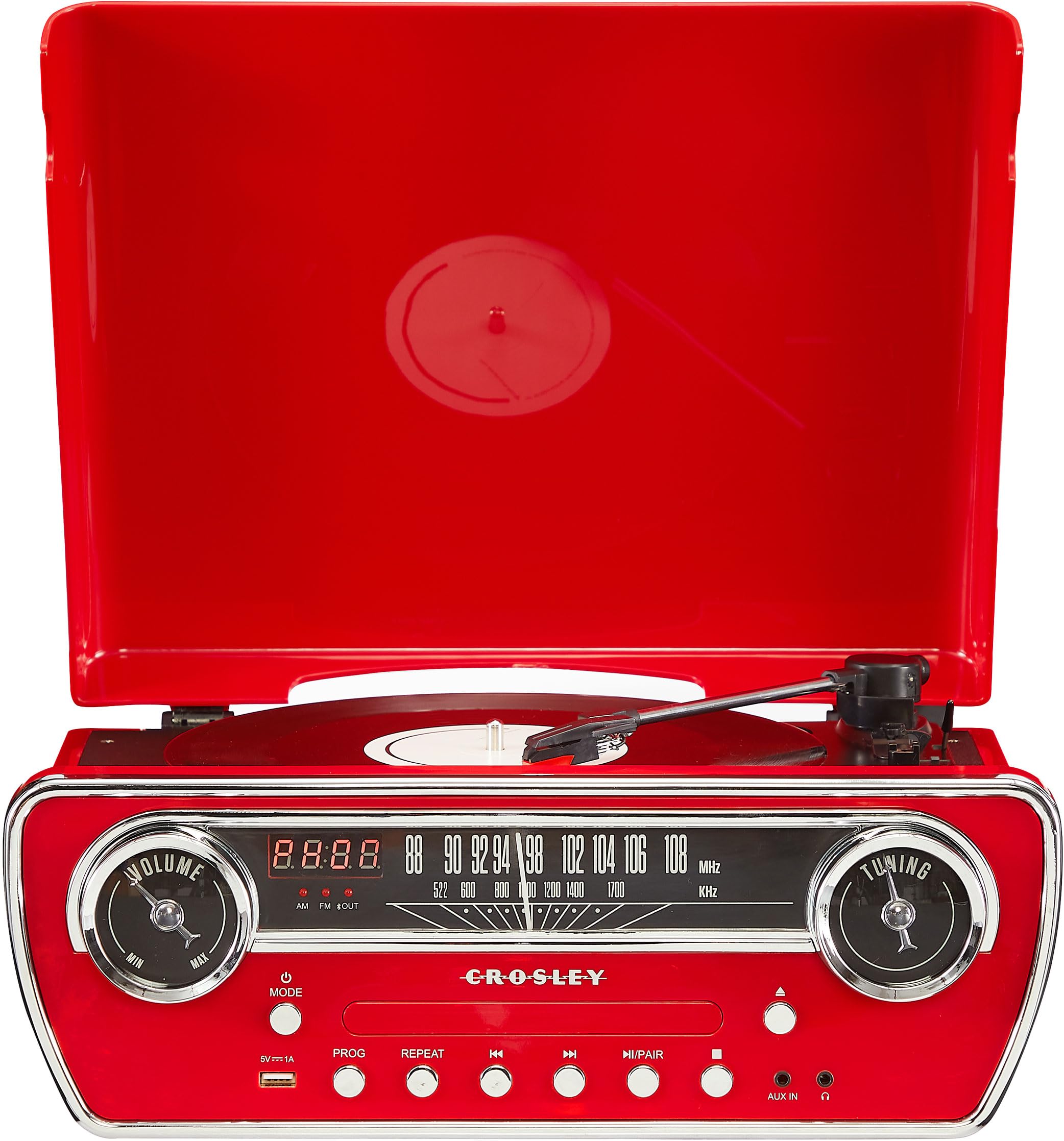 Crosley CR6047A-RE Powel 7-in-1 Bluetooth in/Out Vinyl Record Player with AM/FM Radio, CD Player, and Aux-in, Red
