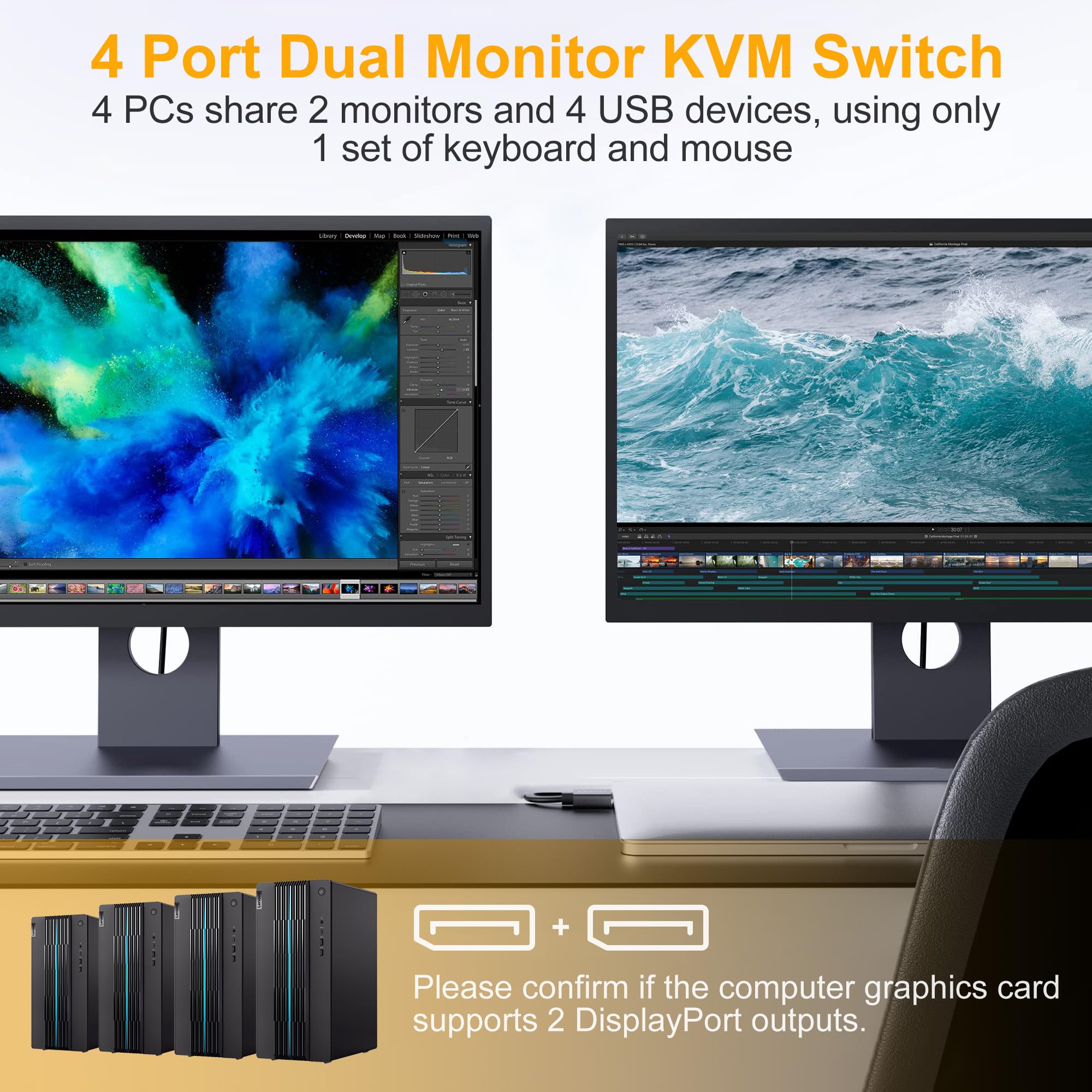 8K Usb 3.0 Kvm Switch 2 Monitors 4 Computers Displayport 8K@60Hz 4K@144Hz,Dual Monitor Kvm Switch 4 Port With Usb 3.0,Dp 1.4 Kvm