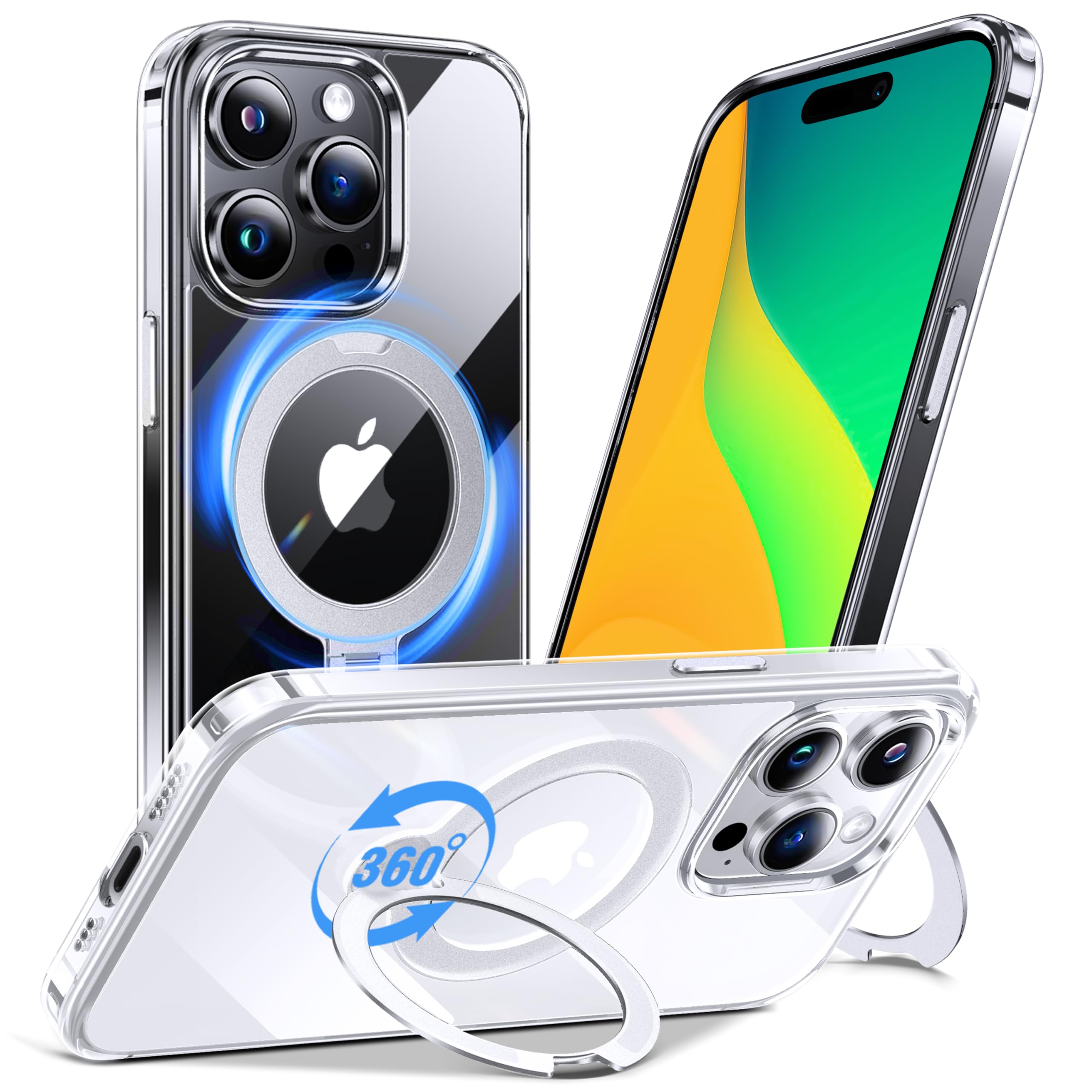 Anqrp 360 All-in-ONE Crystal Clear Case for iPhone 15 Pro Max with Rotatable Magnetic Stand, Compatible with MagSafe, Anti-Yello