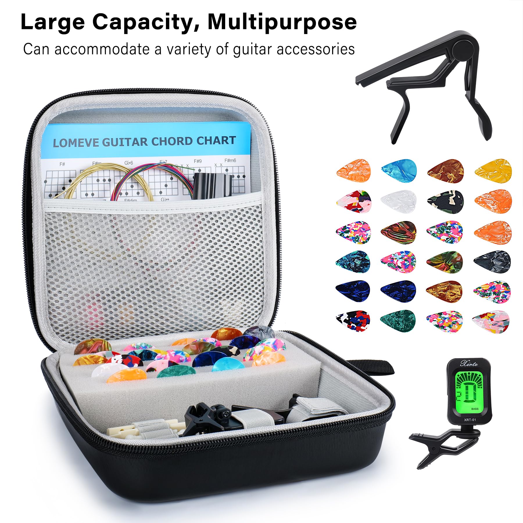 Lomeve 85Pcs Guitar Accessories Kit Holder Case Include Acoustic Strings, Tuner, Capo, 3 In 1 Restring Tool, Picks, Pick Holder,